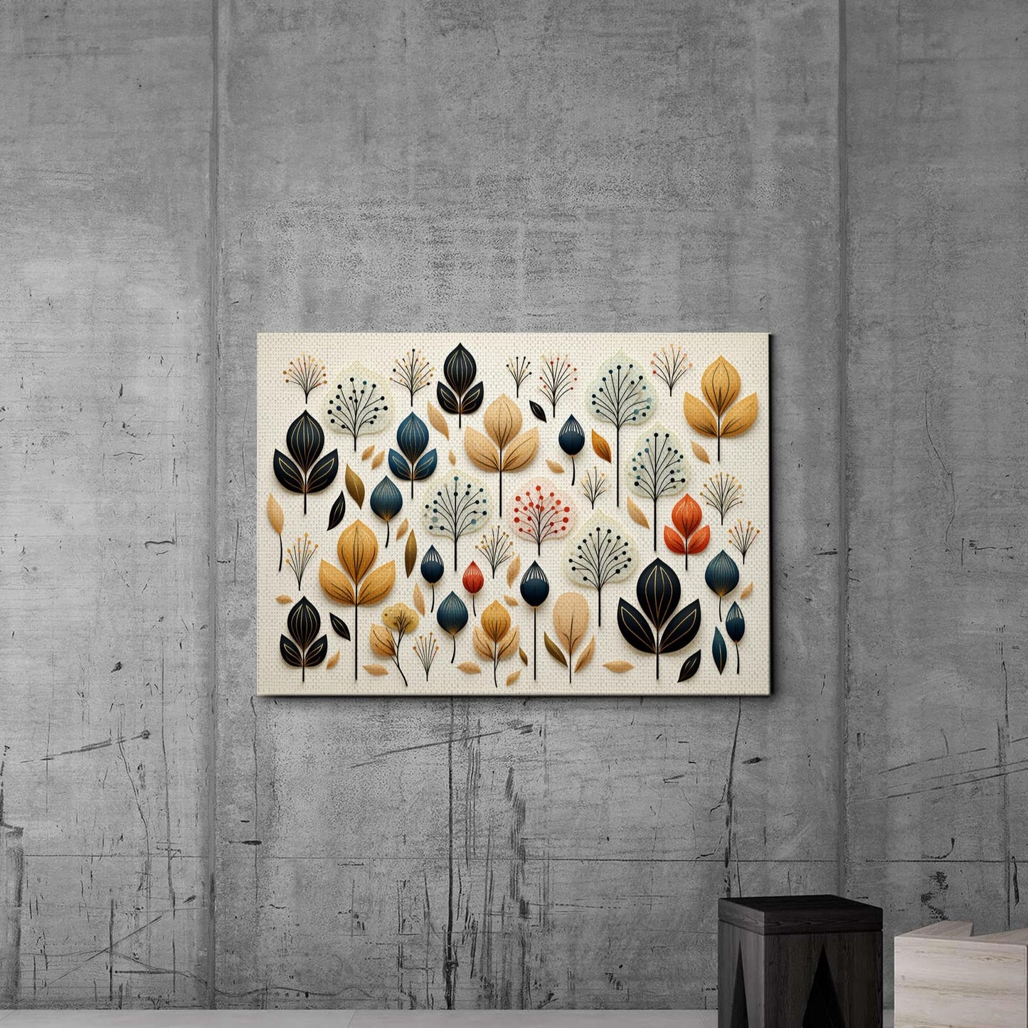 Scandinavian Folk Art, Black and Beige Abstract Botanical Wall Art for Scandinavian Home Decor, Decor Canvas, Art Print