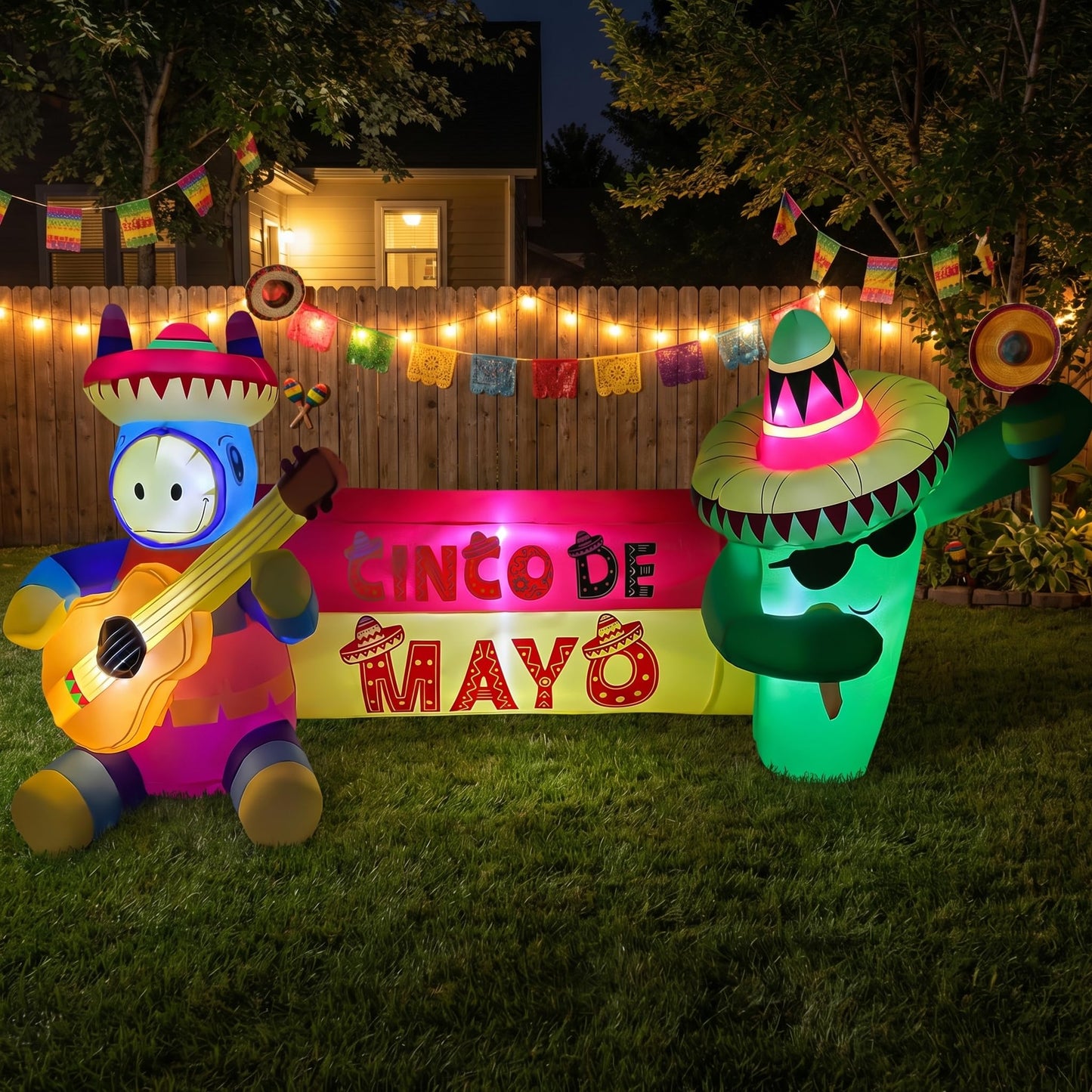 6.5FT Long Cinco De Mayo Inflatables Outdoor Decorations, Guitar Donkey & Maraca Cactus, Mexican Fiesta Blow Up Yard Decor for May 5 Taco Party, Lawn Garden Indoor Outdoor