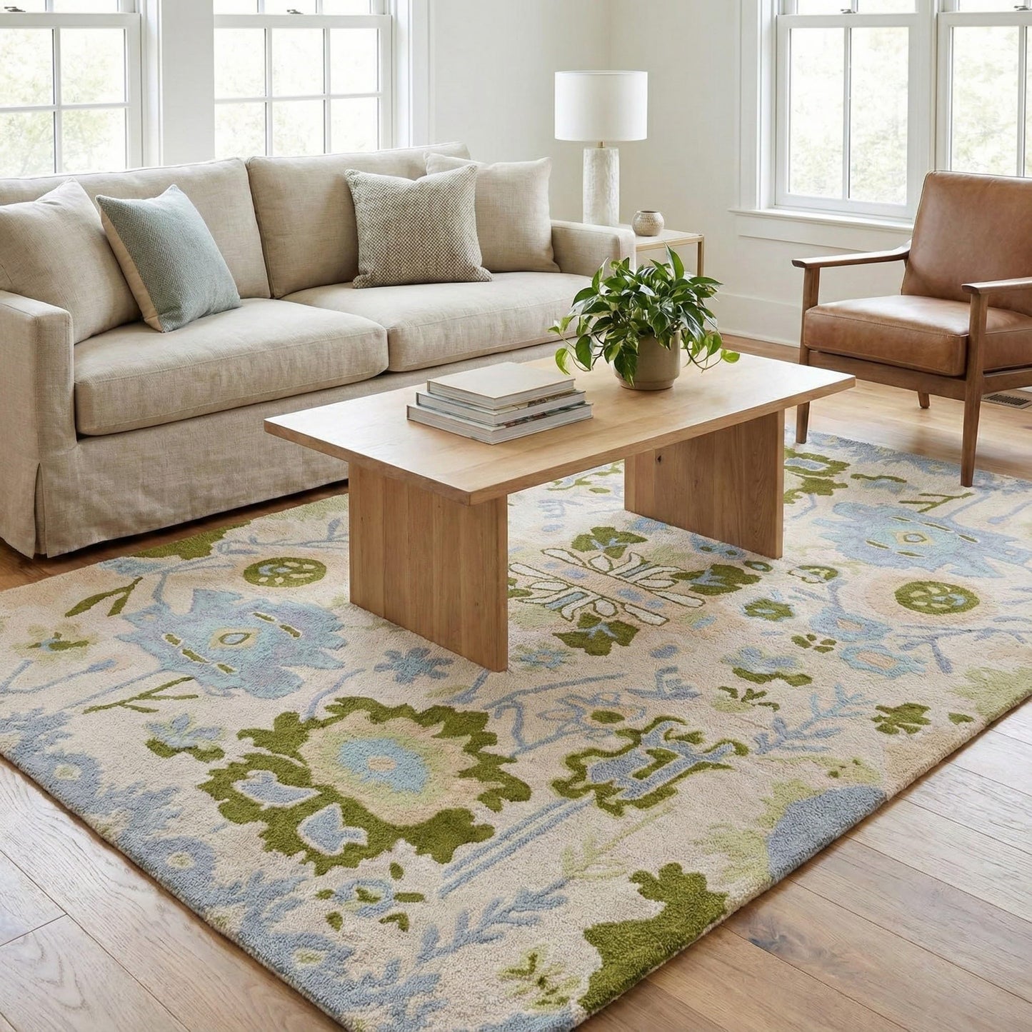 Handmade Oushak Wool Area Rug | Floral and Botanical Patterns in Soft Blue and Green | Luxurious Thick Pile for Living Room, Bedroom & Dining Room Decor (Blue & Green, 5' x 7')