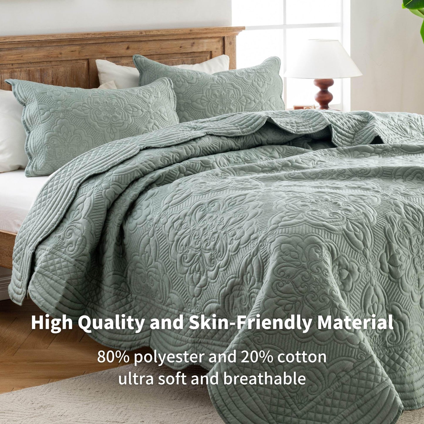 meadow park Embroidered Quilt Set Queen Size - 3 Pieces, Washed Cotton Blend Lightweight Bedspreads with Scallop Edges, Reversible Coverlets Bed Cover All Season Quilts-Green