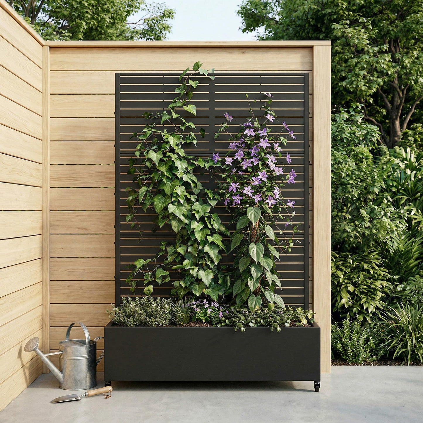 Wooakway 72" Raised Garden Bed with Trellis and Wheels, 52 Gal Metal Planter Box Privacy Screen for Outdoor Patio, Balcony and Backyard, Mobile Vertical Planter for Climbing Plants, Vines, Ivy, Black