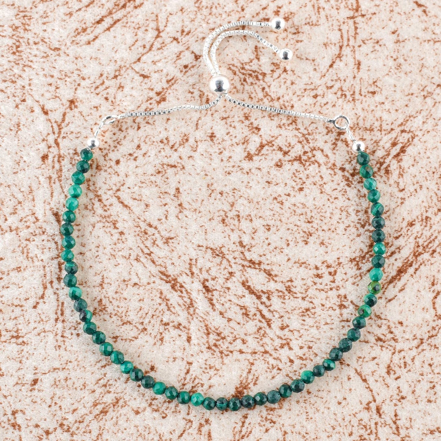 ZEMBIENCE Natural Malachite Gemstones Bolo Bracelet, Micro-Faceted Beads, Chakra Healing Crystals, Silver Plated, Adjustable Slider, Minimalist, Birthday, Women Jewelry, Valentine Gifts, Size 10"