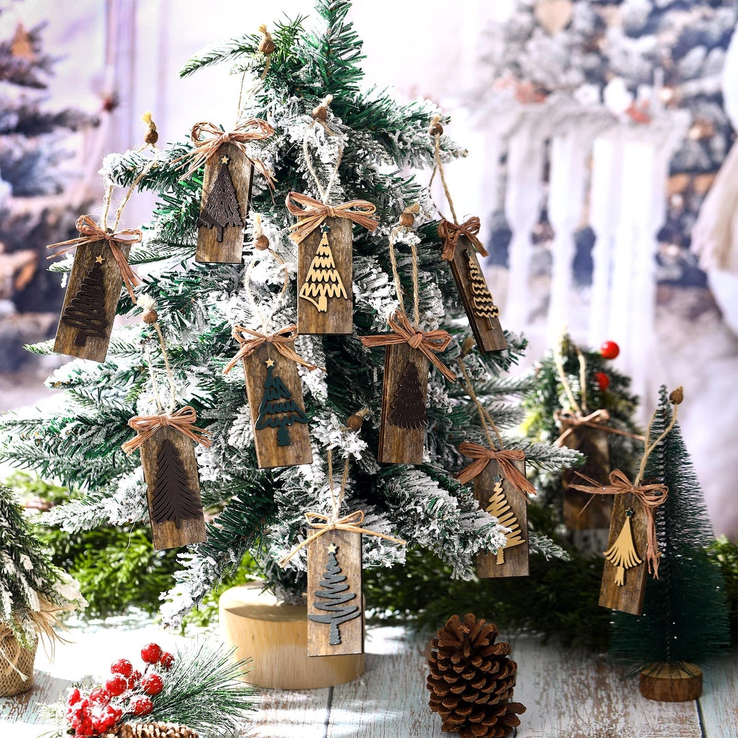 Civaner 24 Pcs Rustic Christmas Tree Ornaments Farmhouse Ornaments for Tree Natural Wooden Label Hanging Decorations for Home Office Fireplace Wreath Garland Winter Holiday Xmas Party Decor(Brown)