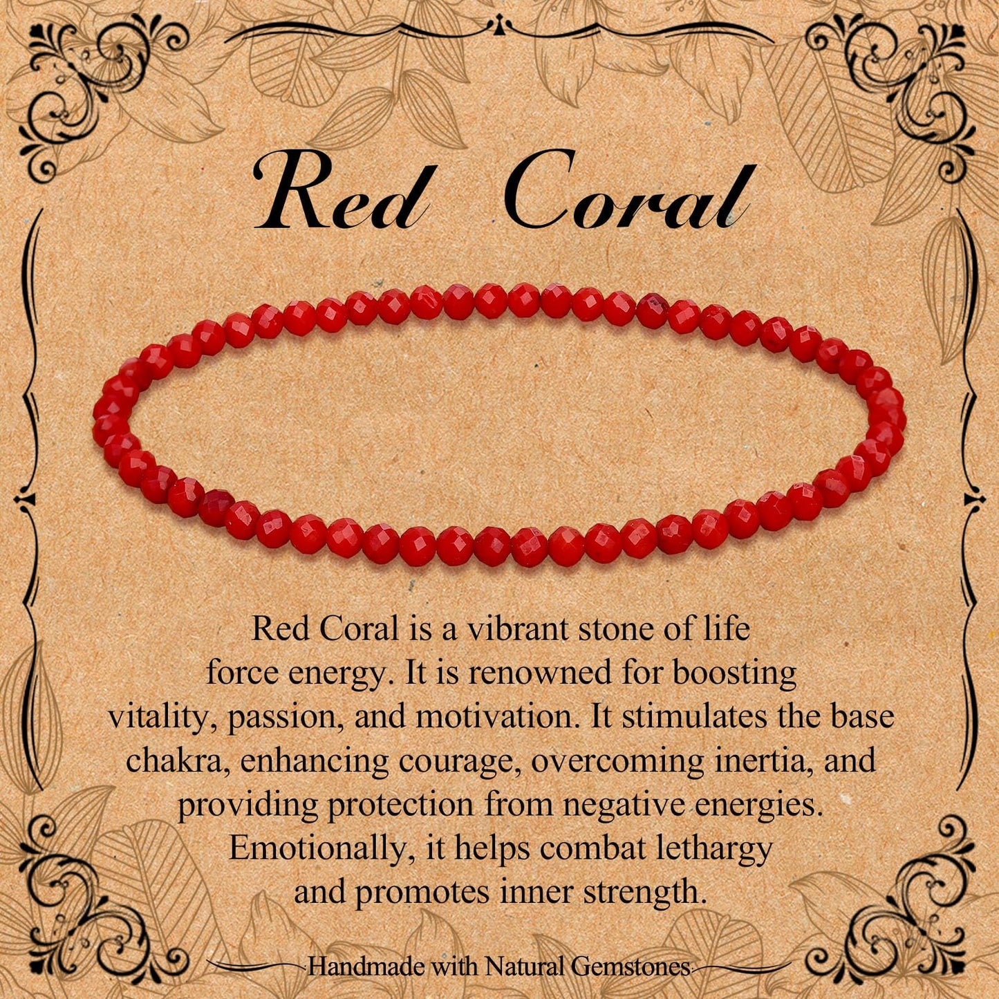 BONNY BOXX Natural Genuine Gemstone Faceted Round Beads Bracelets, 3mm Adjustable Stretchy Tiny Faceted Red Coral Bracelet, Healing Crystal Reiki Chakra Dainty Jewelry Fashion Gifts