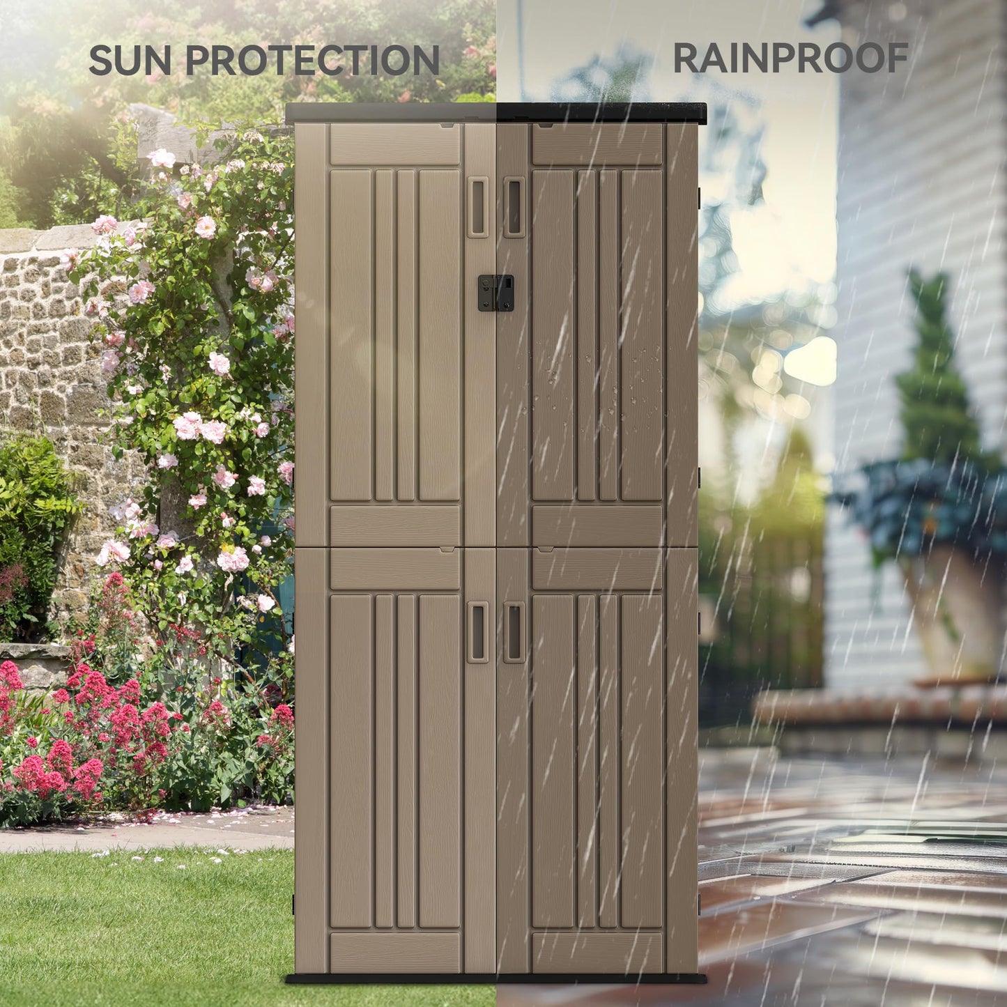 YITAHOME Outdoor Tall Storage Cabinet with 4 Shelves, Waterproof Resin Vertical Tool Shed, Lockable 30 cu. ft. Storage Shed for Patio, Garden, Yard, Brown