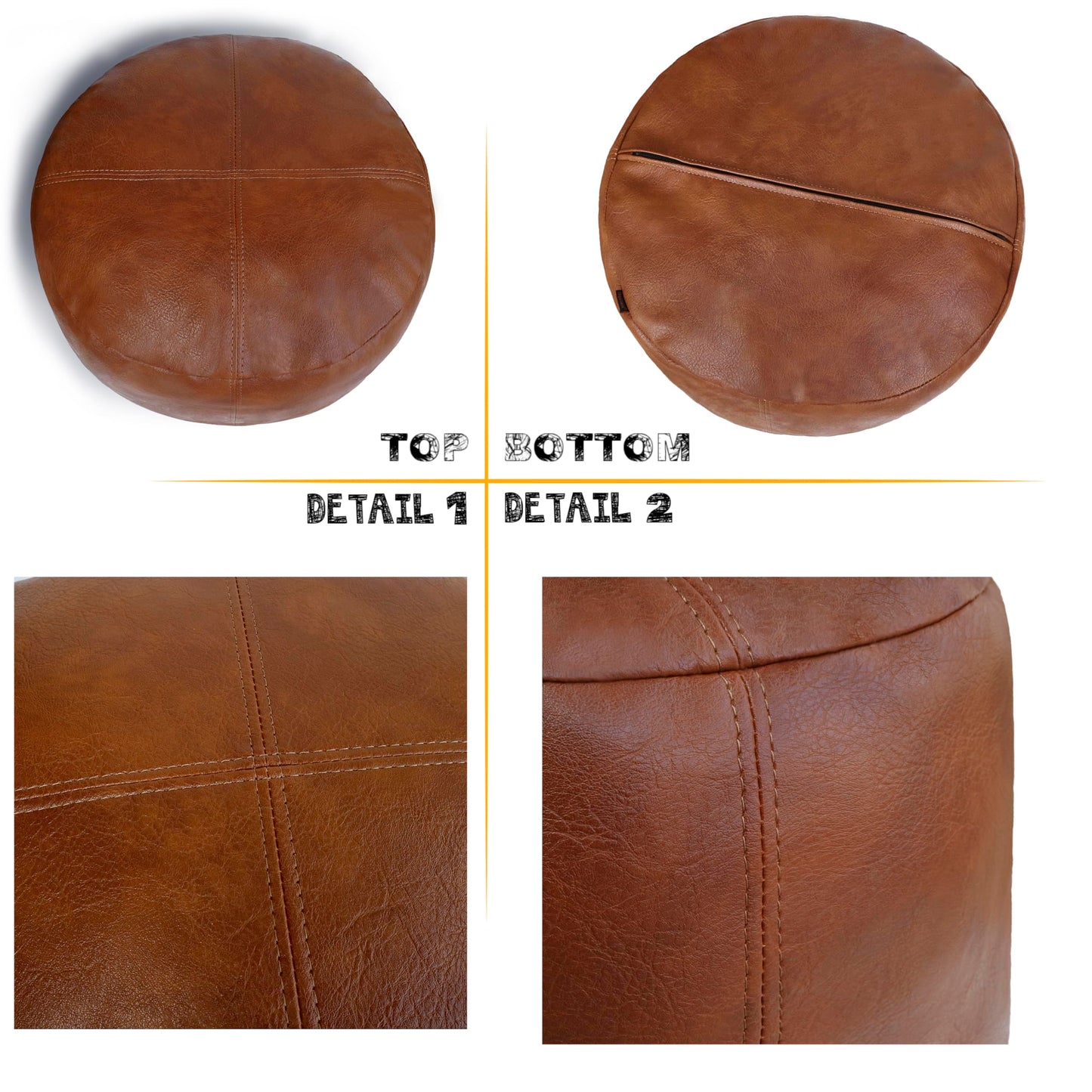 Thgonwid Unstuffed Faux Leather Pouf Cover, Handmade Footstool Ottoman Storage Solution, Floor Footrest Cushion, 16.5”Dx12”H, Amaretto