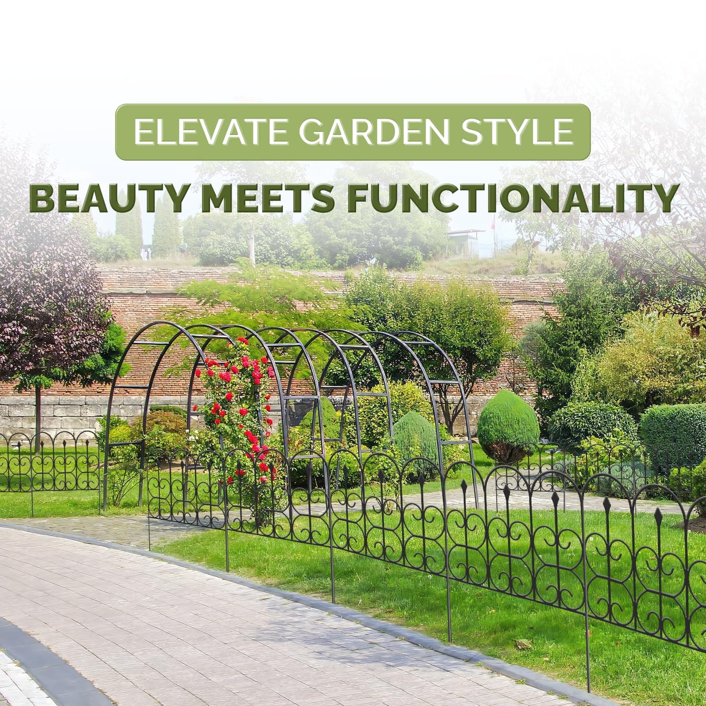 Idzo Heavy Duty Steel 32in x 10ft (5 Panels) Decorative Garden Fence, No Dig Decorative Fence, Rustproof Metal Garden Fence Border for Outdoor Yard Patio, Small Animal Barrier Fence for Dog Rabbit Pet