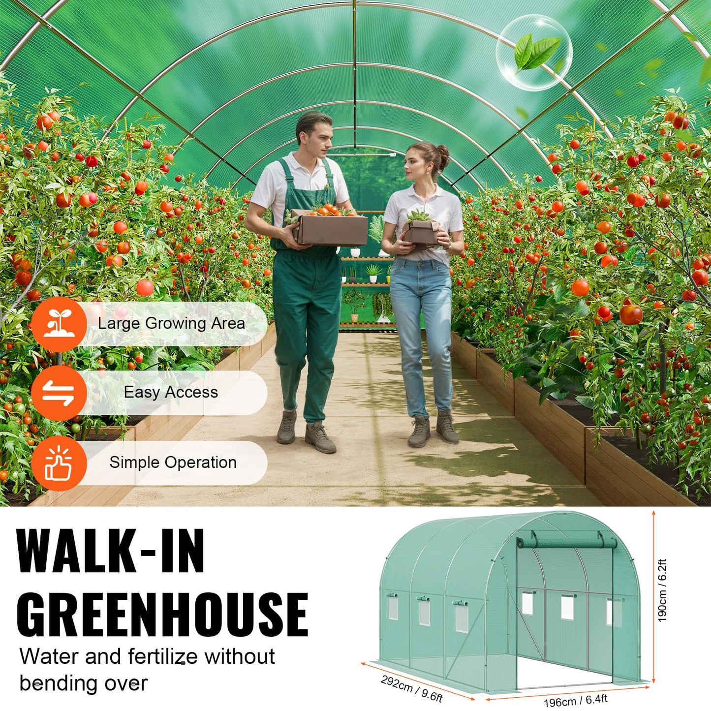 VEVOR Walk-in Tunnel Greenhouse, 9.6x6.4x6.2 ft Hoop House Greenhouse Tunnel, Plant Hot House with Galvanized Steel Frame, Green PE Cover, Roll-up Zipper Door and 6 Windows for Outdoor