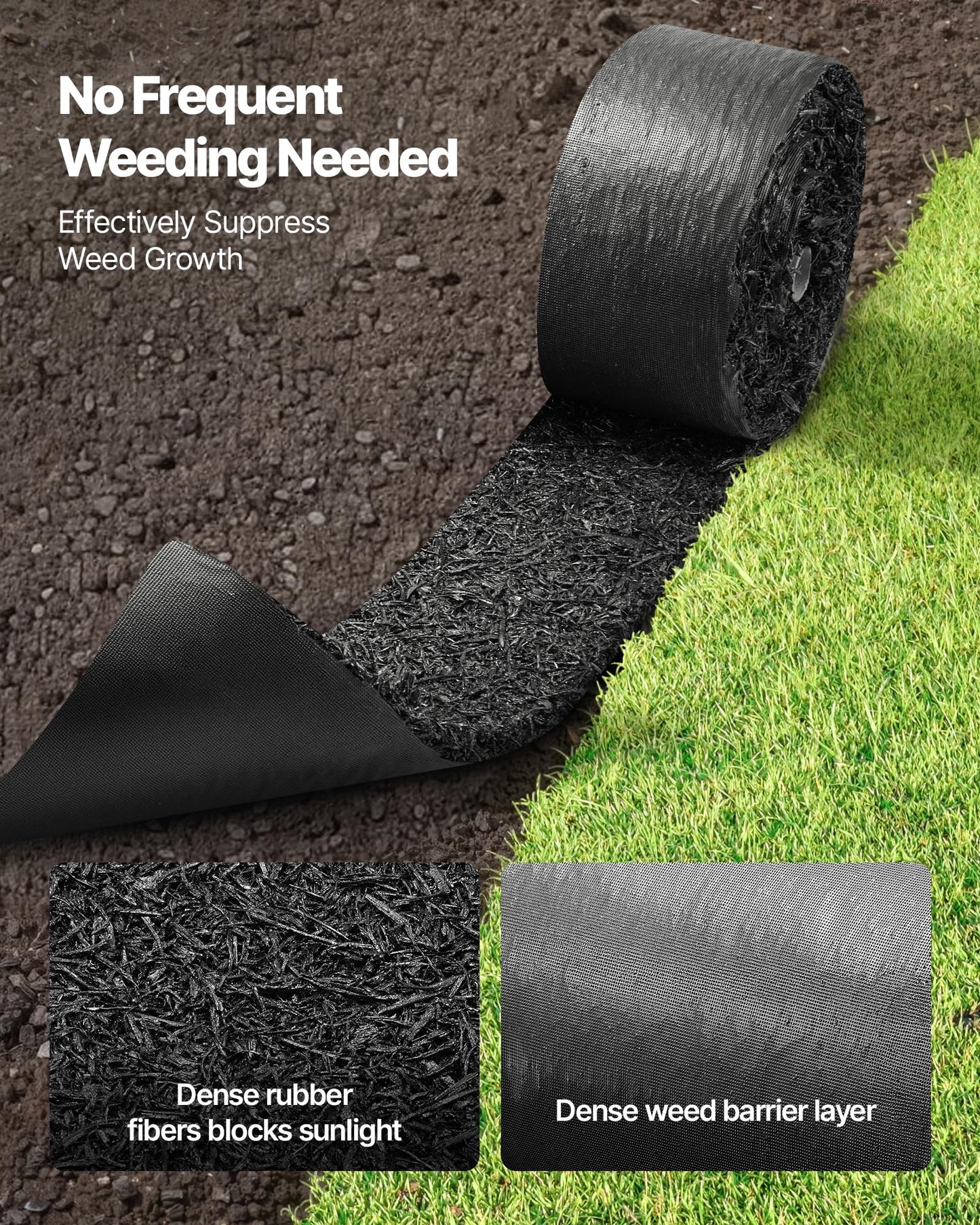 VEVOR Rubber Mulch Mat Roll, 4 Rolls 120 x 4.5 in, Recycled Rubber Permanent Mulch Edging Border, Natural-Looking Flower Barrier with Stakes, 0.5 in Thick Cuttable Garden Edgings for Landscaping