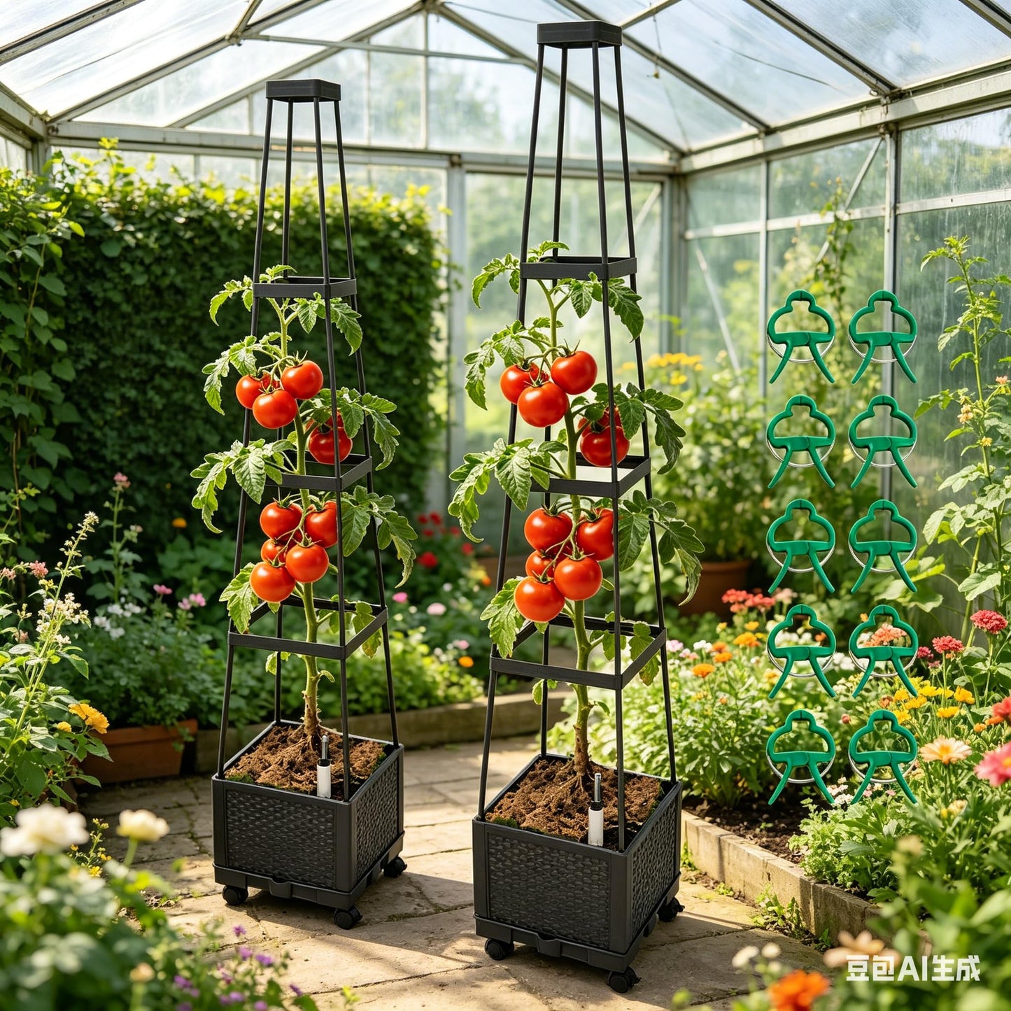 FesmTek Movable Raised Garden Bed Tomato Planter Box with Trellis and Universal Wheel Self-Watering Garden Beds Outdoor for Vegetables 2-Pack