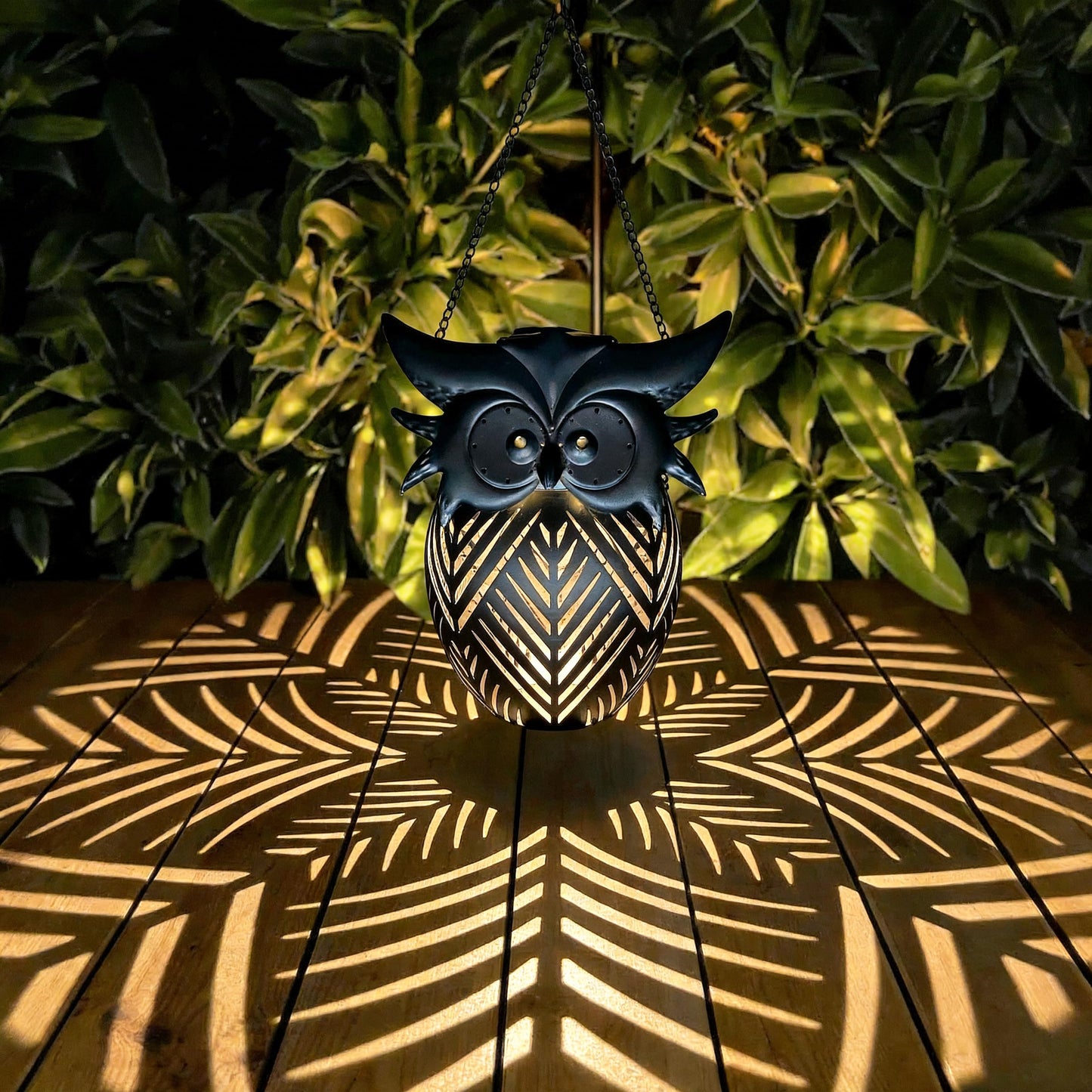Hanging Owl Solar Lantern, Outdoor Waterproof Metal Solar Lights with Palm Leaf Shadow, Decorative Garden Lanterns for Yard Art Patio Decor, Whimsical Gifts for Women, Black