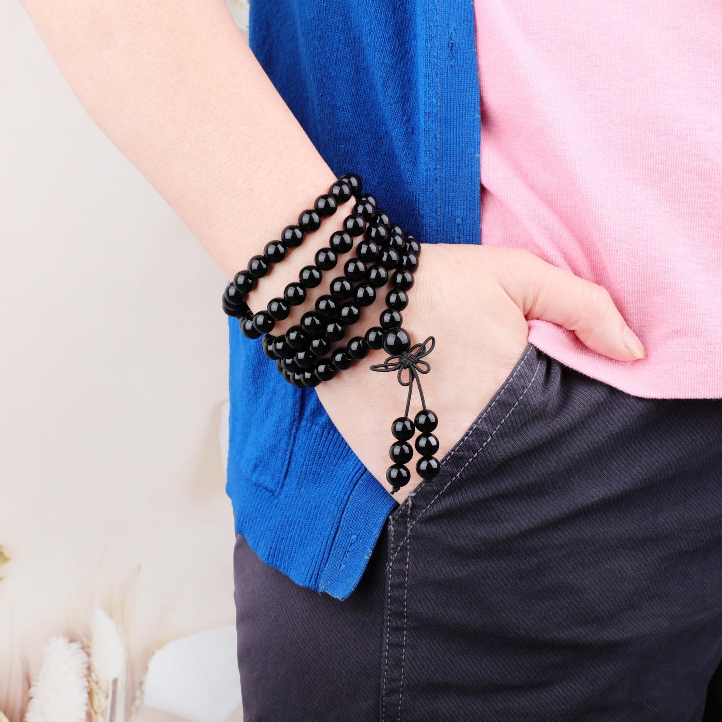 AD Beads 8mm 108 Prayer Mala Onyx Elastic Bracelet - Positive Energy Generator - Handmade Yoga Meditation Healing Power Energy Gifts for Unisex Adult.
