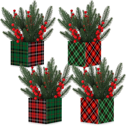 Zeyune 4 Set Christmas Centerpiece for Table Bulk, 4.7 Inch Xmas Centerpiece Decoration Ideal with Artificial Pine Branches and Red Berries Stems for Xmas Party Indoor Home Decor (Christmas Plaid)