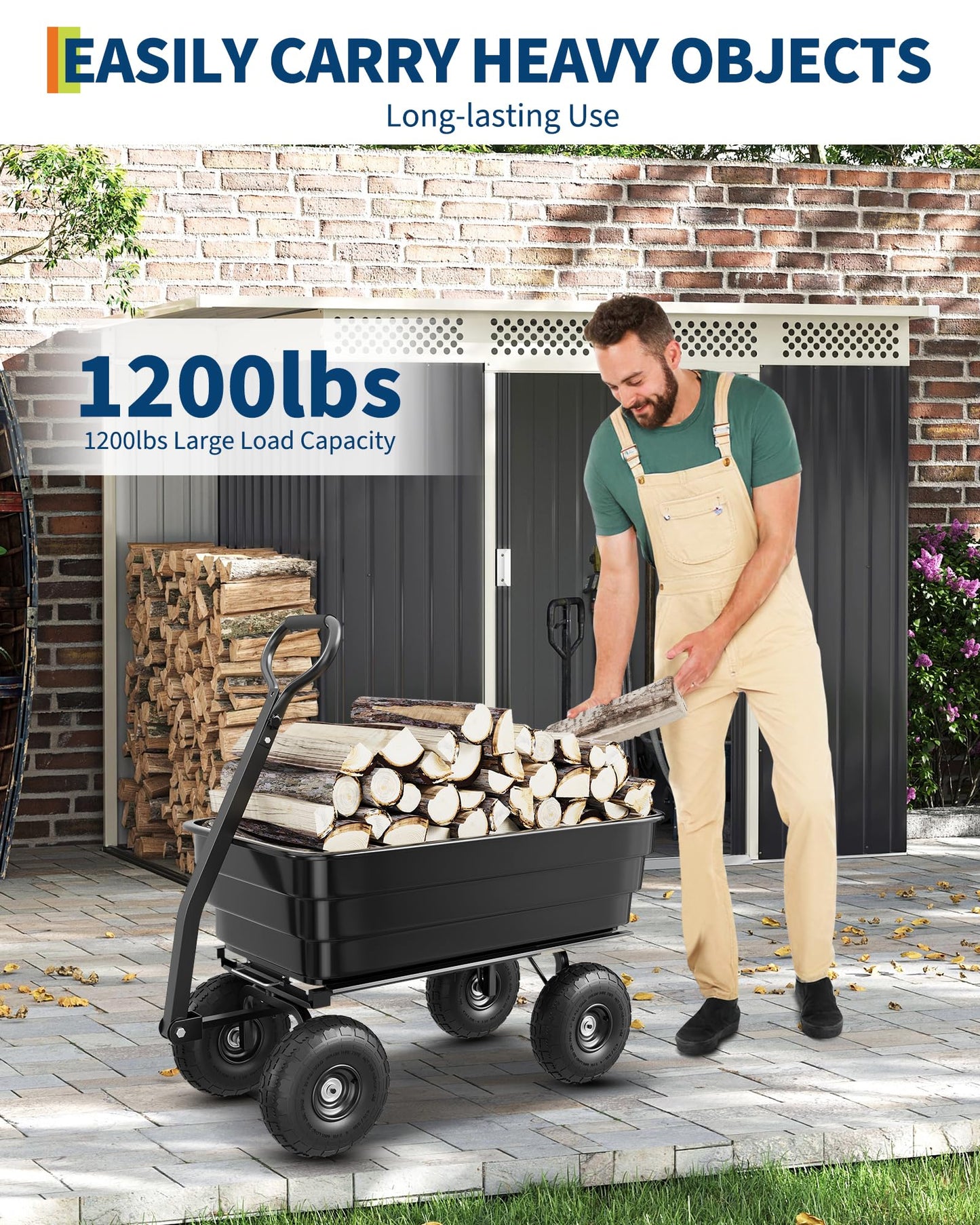 GarveeLife Poly Dump Cart - Heavy Duty 1200lbs Garden Cart with Quick-Release Dumping 13" Tires, Utility Wagon for Yard Work, Landscaping, Gardening