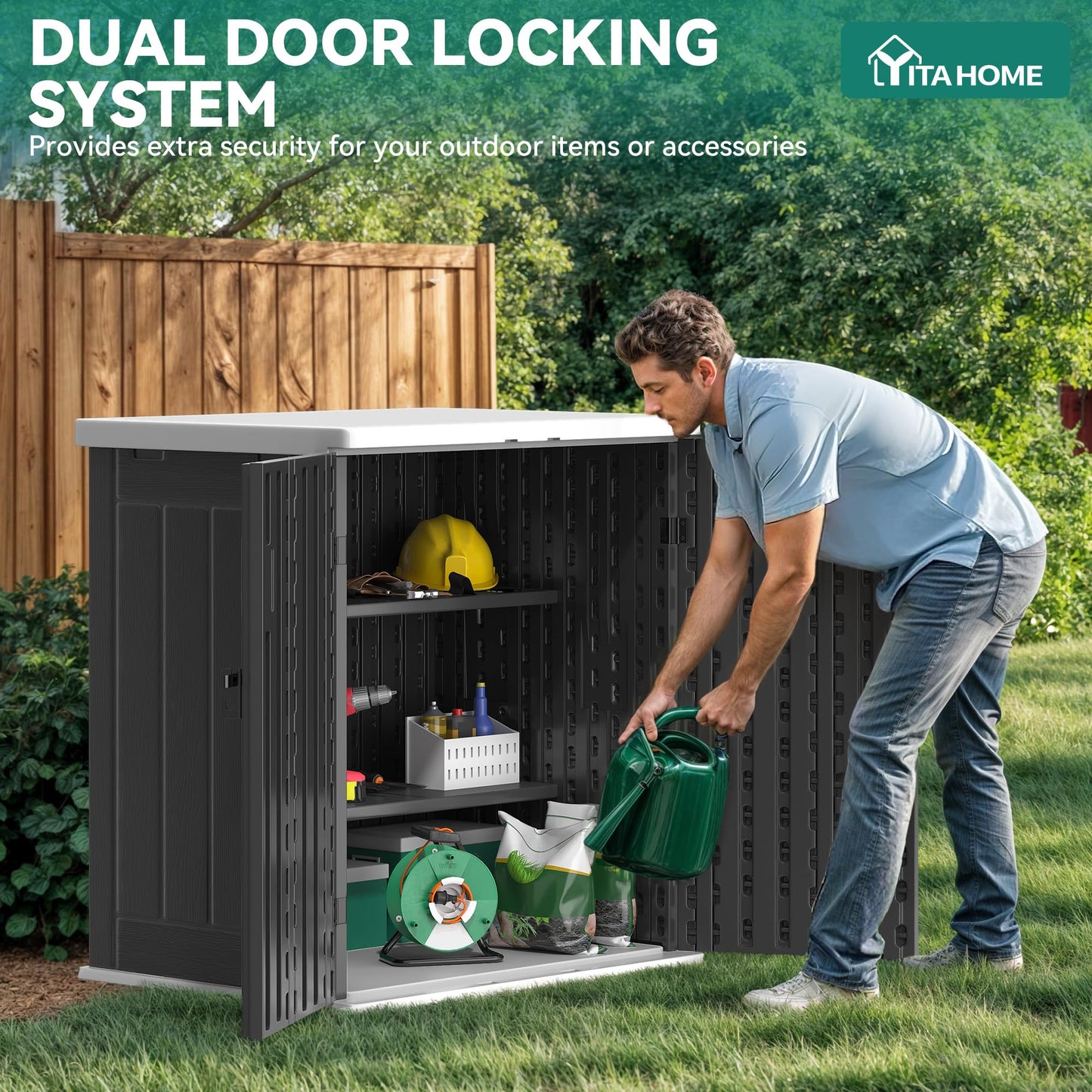 YITAHOME Outdoor Storage Cabinet with 2 Shelves, Waterproof Resin Horizontal Tool Shed, Lockable 15 cu. ft. Storage Shed for Patio, Garden, Yard, Dark Gray