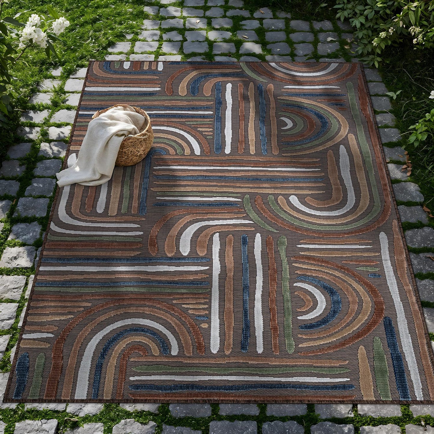 CAMILSON Indoor Outdoor Rug, Brown 8x10 Geometric Arch Striped Area Rugs for Patio and Home Areas, Easy-Cleaning Non-Shedding Living Room, Garden and Deck Washable Outside Carpet (8 x 10)