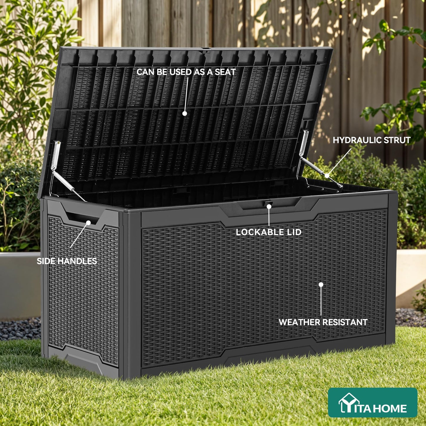 YITAHOME 100 Gallon Resin Deck Box, Weather Resistant Outdoor Storage Box, Lockable Indoor Outdoor Storage for Supplies and Essentials, Black