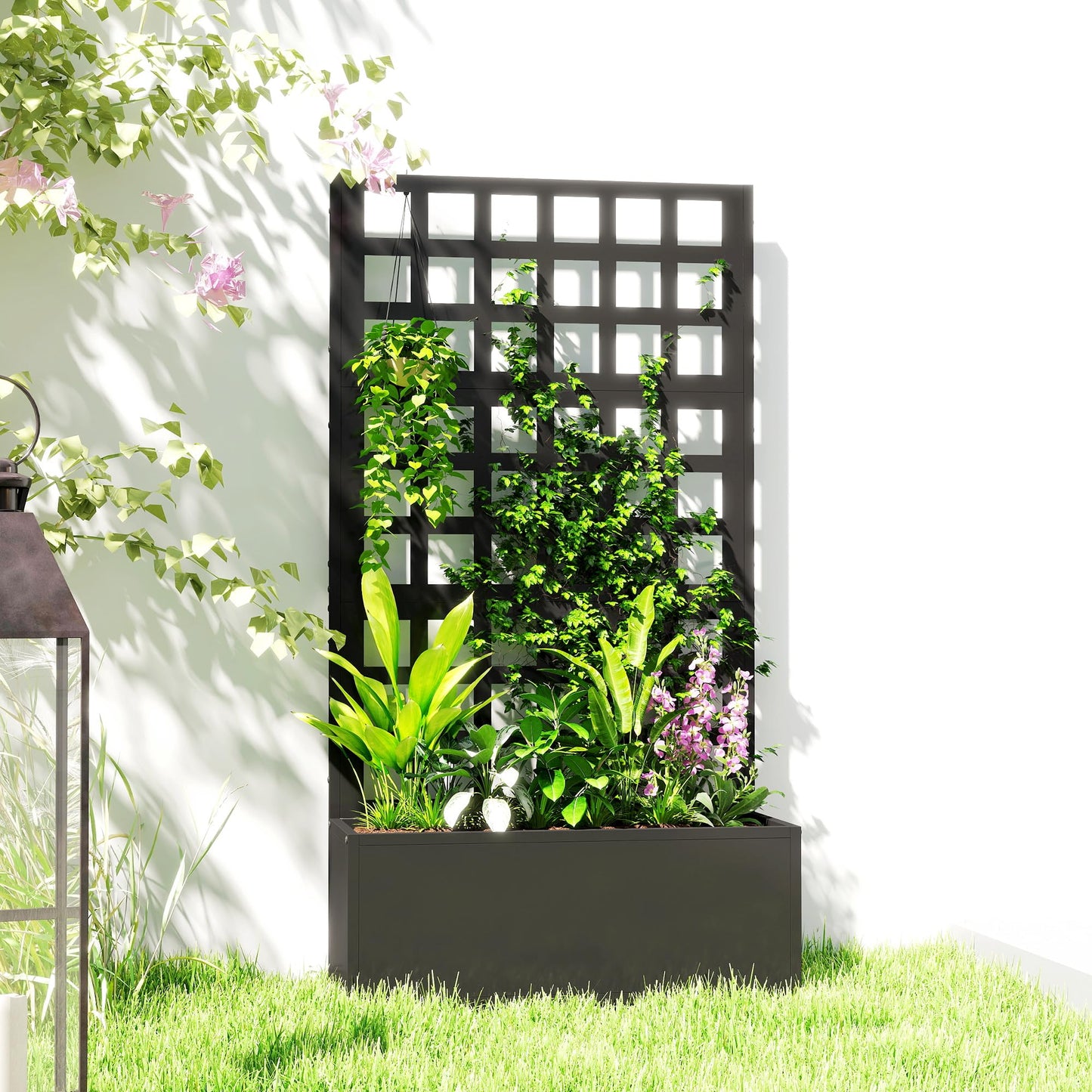 Outsunny Galvanized Raised Garden Bed with Trellis, Metal Planter Box with Drainage Holes, Outdoor Privacy Screen for Climbing Plants, Vegetable, Vines, 24" x 9" x 44.5", Black