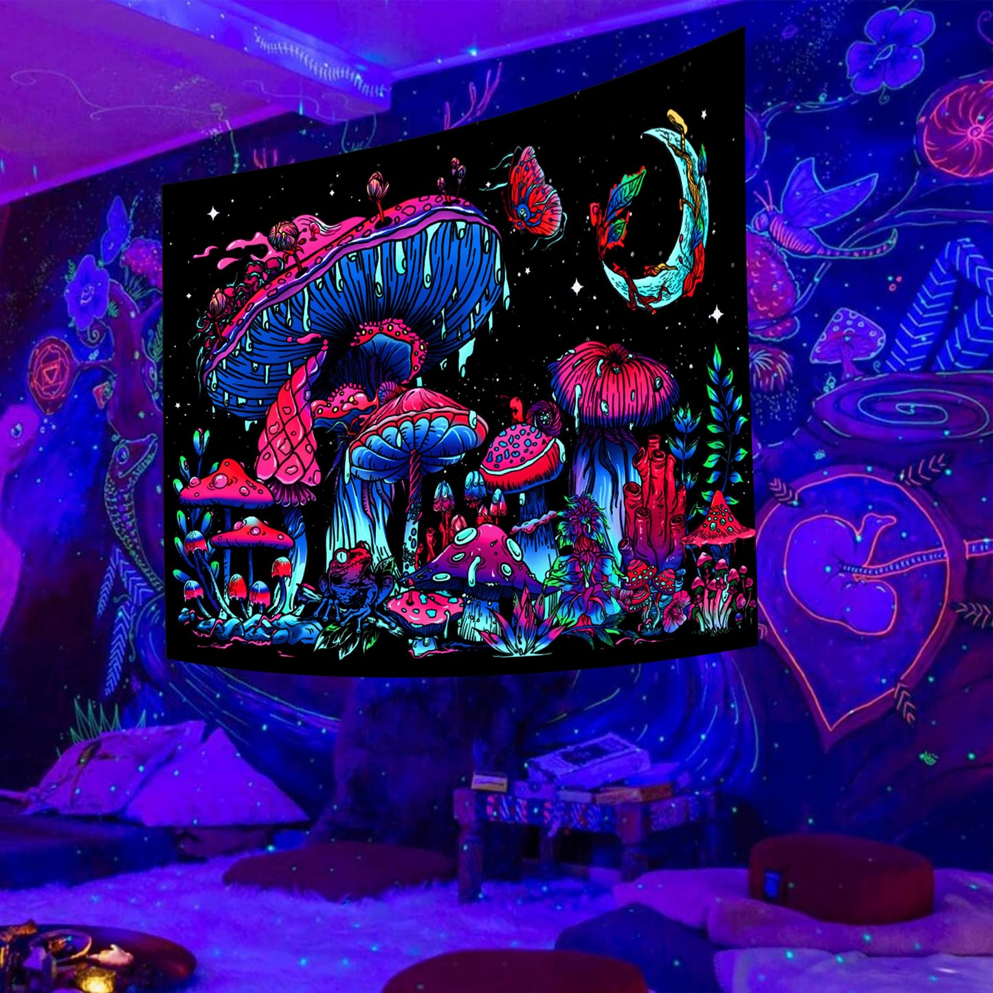 TUGCAY Blacklight Mushroom Tapestry, Glow In The Dark Tapestry Black Light Plant Fantasy UV Reactive Mushroom Butterfly Moon Tapestries Posters Wall Hanging for Bedroom Dorm Decor(50"x60")