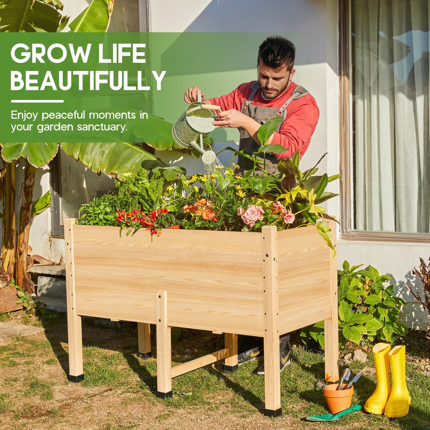 AMERLIFE 4x2 Ft Raised Garden Bed - Features Legs, Drainage Holes, 16 Inch Depth Ideal for Vegetables, Flowers, Herbs, Elevated Wood Planter Box for Balcony, Patio, and Backyard, Easy Assembly