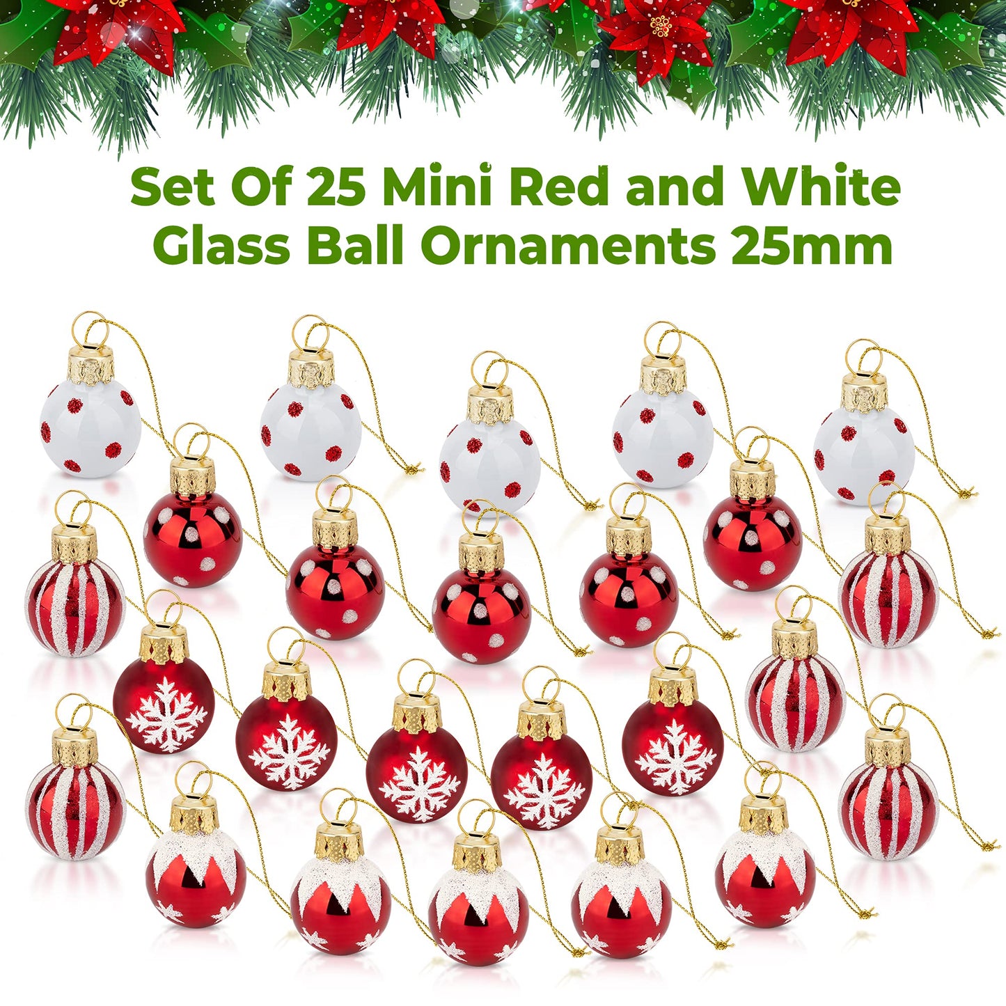 1 Inch Mini Red & White Peppermint Glass Ball Christmas Ornaments Set of 25 Balls | Miniature Christmas Tree Ornaments | Rustic Christmas Decorations | Mini Christmas Tree Decorations for Small Trees