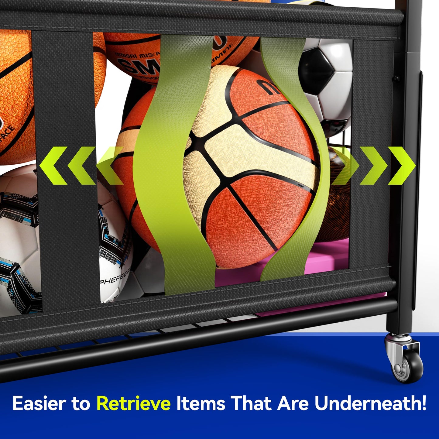 Keepmisc Sports Equipment Organizer, Rolling Ball Storage Cart with Locking Wheels, Hooks & Bat Rack