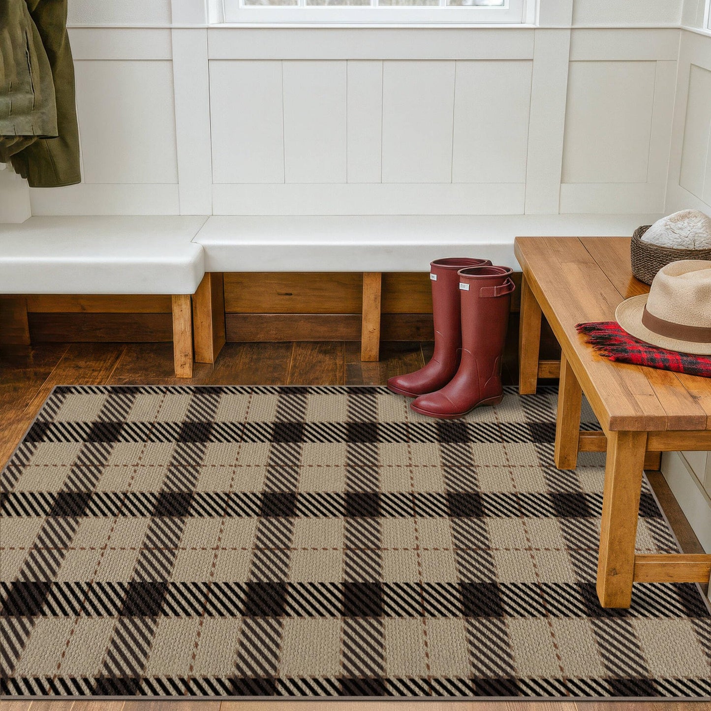 Washable Plaid Indoor Outdoor Rug 3x5 for Front Porch, Entryway, Patio, No Shed Easy Jute Non Slip TPR Backing Area Rug for Large Kitchen, Farmhouse Black & Tan Checkered Seegrass Aesthetic