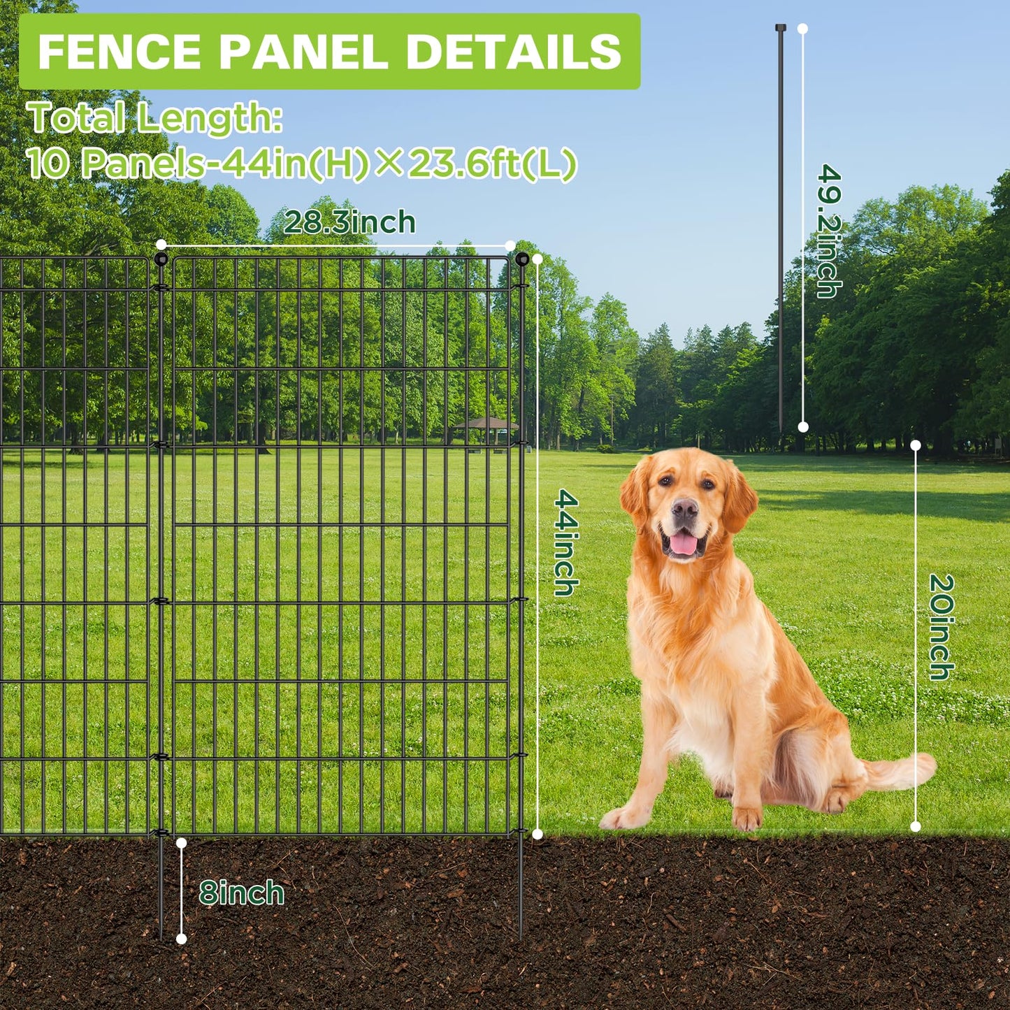 10 Panels No Dig Garden Fence with Gate, 44in(H) × 23.6ft(L) Decorative Metal Outdoor Dog Fence, Rustproof Pet Fencing for Yard, Patio, Flower Bed -Temporary Fencing| Easy to Install
