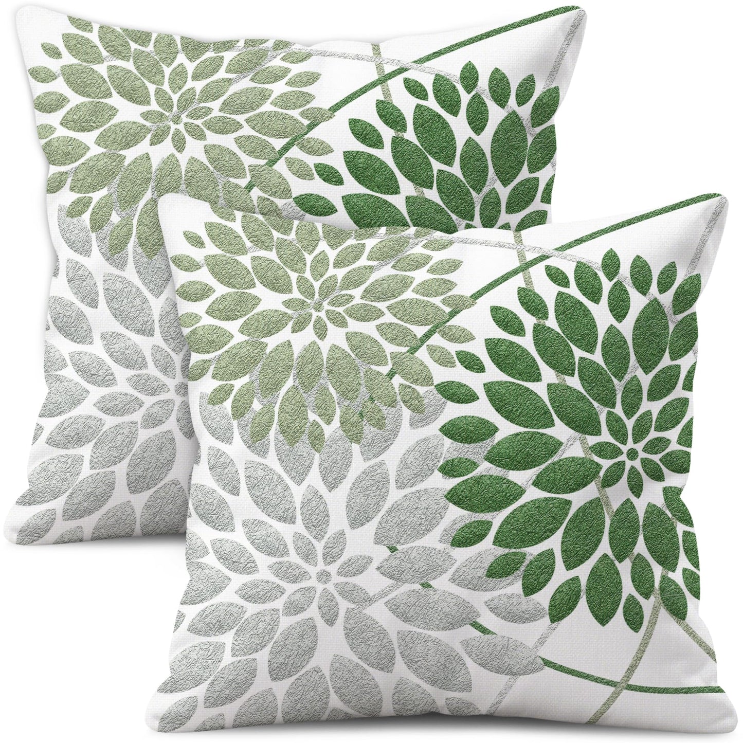 WitHero Decorative Throw Pillow Covers Set of 2, Double-Sided 18x18 inch White Linen Green Silver Grey Pillow Cases, Farmhouse Indoor Outdoor Modern Floral Dahlia Flowers Cushion Cover for Couch Sofa