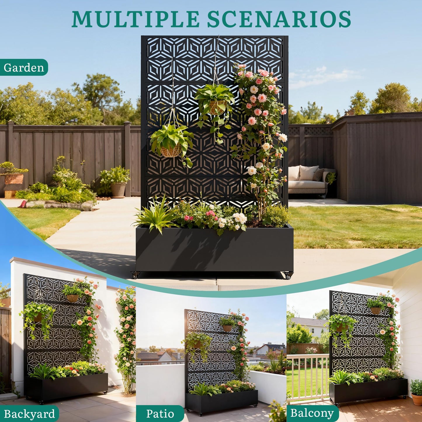 Ultym Metal Planter Box with Trellis 73"x47"x16", Galvanized Steel Raised Garden Bed with Privacy Screen, Lockable Casters, Planter with Drainage Holes for Outdoor Climbing Plants, Vegetables, Patio