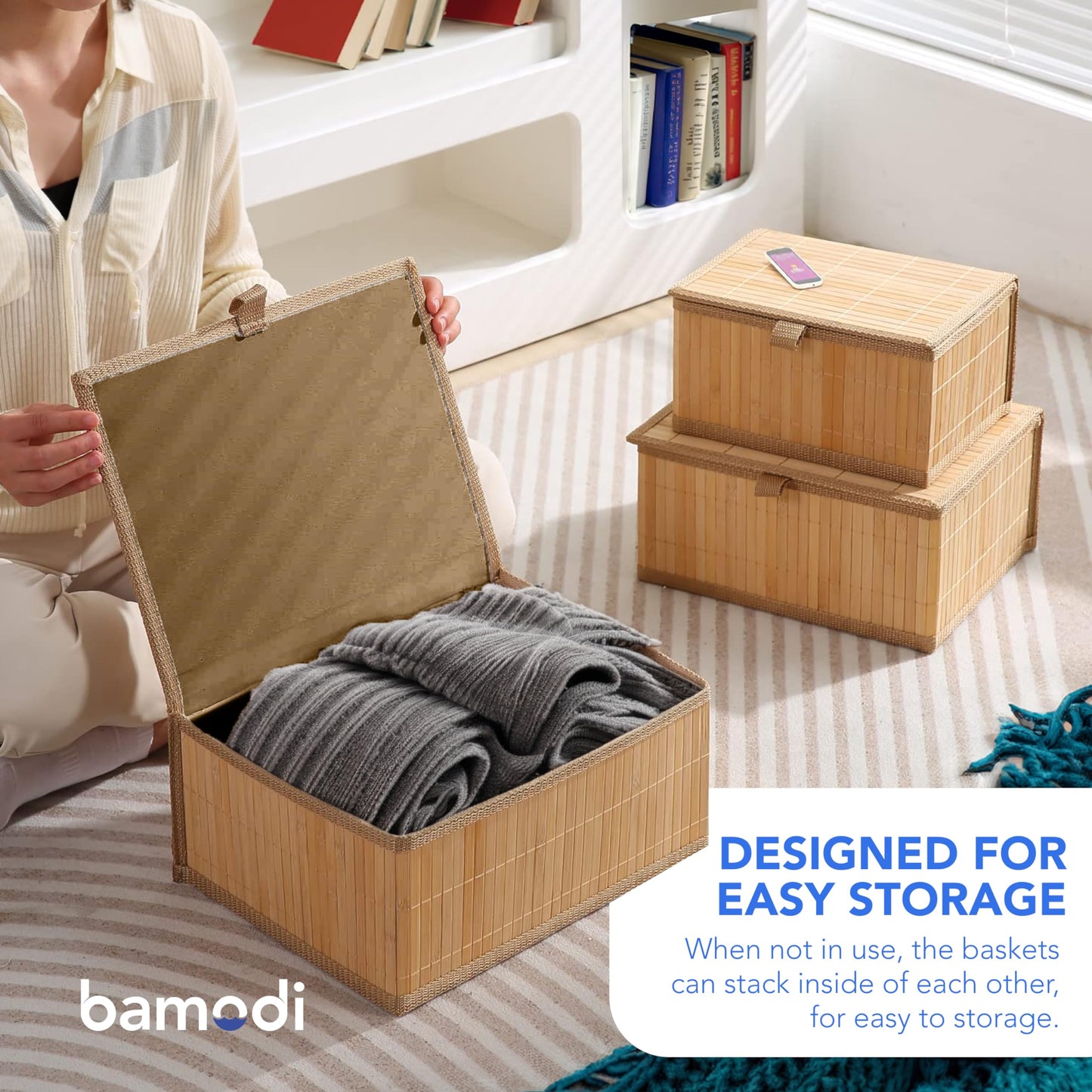 Bamboo Decorative Storage Boxes With Lids - Nesting Rectangular Lidded Box for Organization - Stackable Basket with Cloth Liner - Organizer for Toys, Home, Office - Woven Basket - Set of 3
