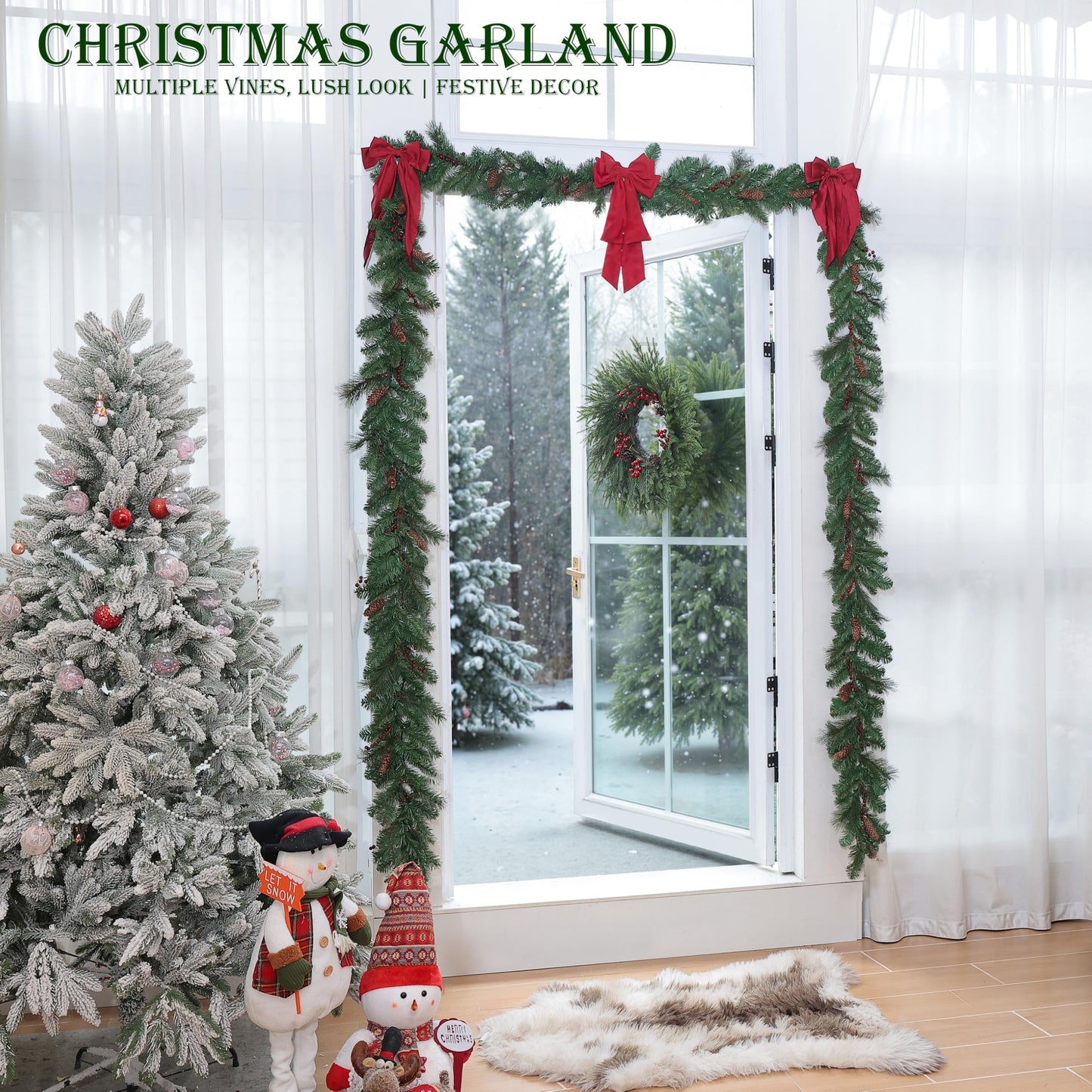 QXXQ 9 Feet Christmas Garland - Christmas Decorations - Carolina Pine Garland for Table, Fireplace, Mantle, Wall, Indoor Outdoor - Green Garland for Christmas Decorations - Free LED String Lights