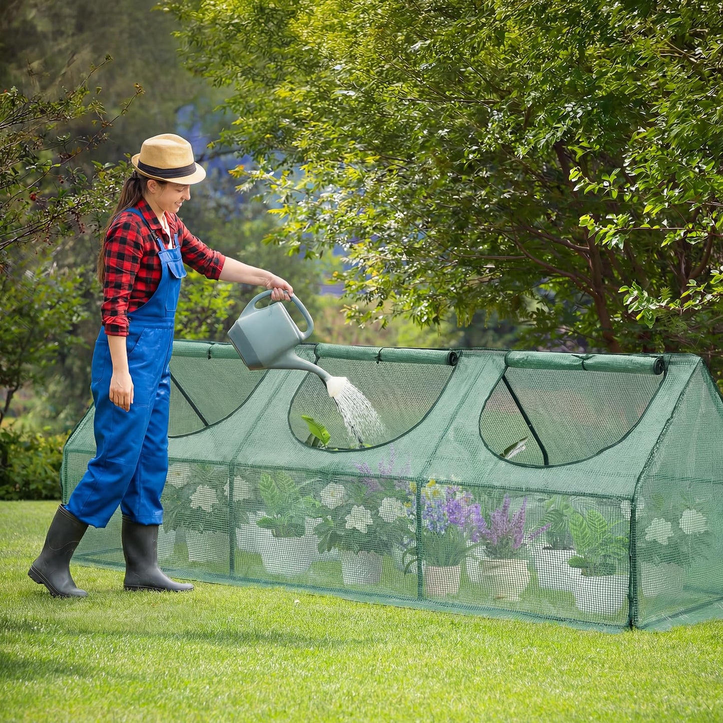 Aoodor 9 x 3 x 3 ft Mini Greenhouse with 3 Zipper Doors, Water-Resistant, UV-Protected for Flowers, Vegetables, and Herbs, Green