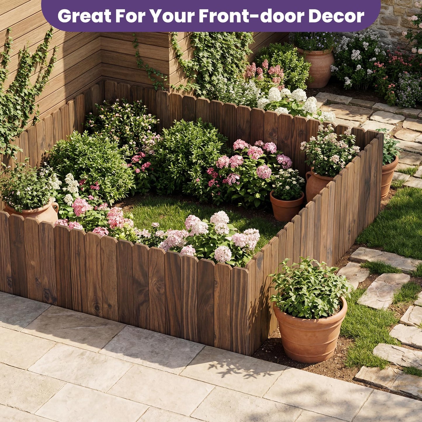 Wieghda Garden Wooden Fence Edging, Burnt Wood Finish, Fir Wood,Outdoor Lawn Landscape Border (2, 11.8" Height)