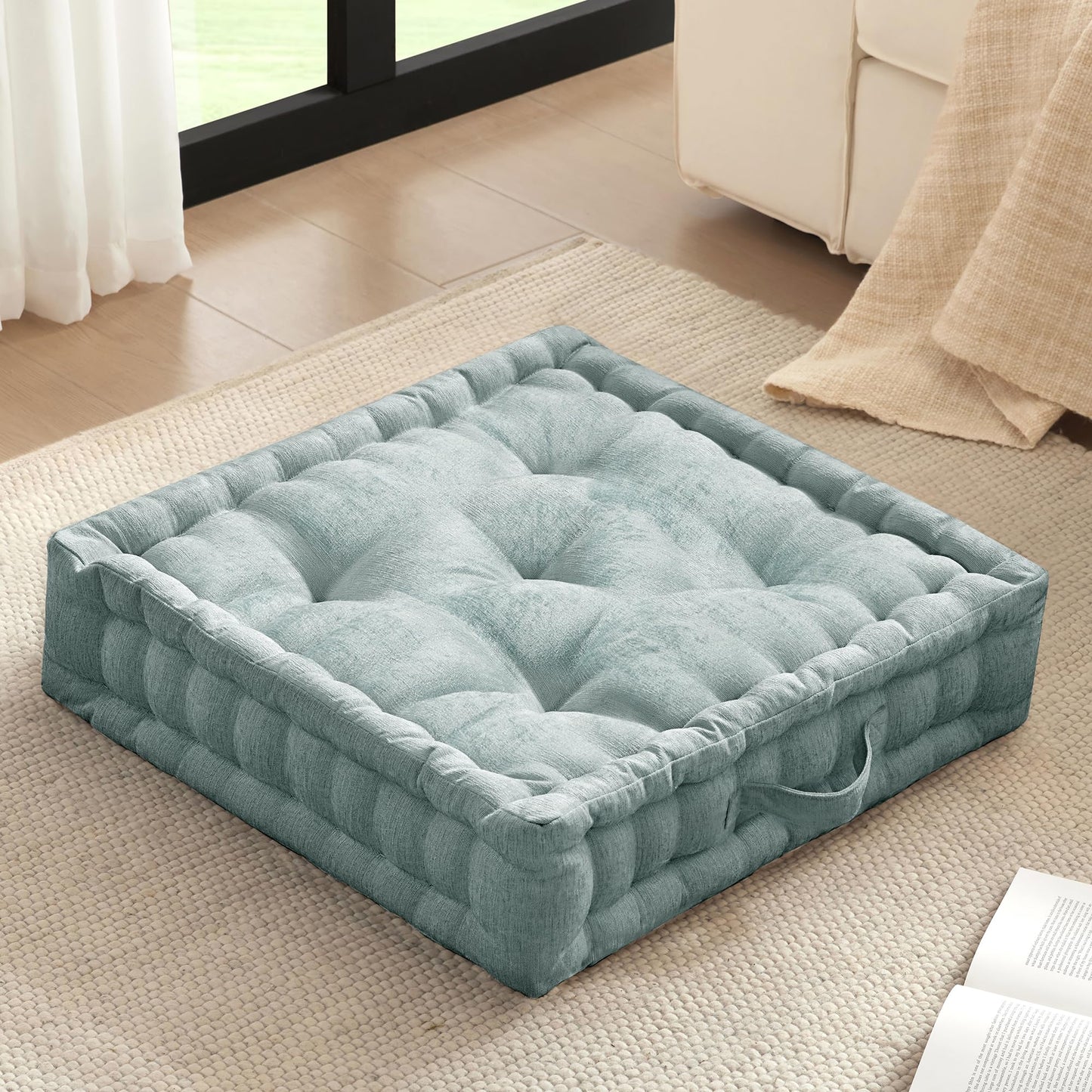 Intelligent Design Large Floor Pillow for Adults Yoga or Meditation Cushion with Handle, Floor Cushion for Board Games, Lustrous Chenille Tufted, Handsewn Scalloped Edge, Azza, 24" x 24" x 5" Aqua