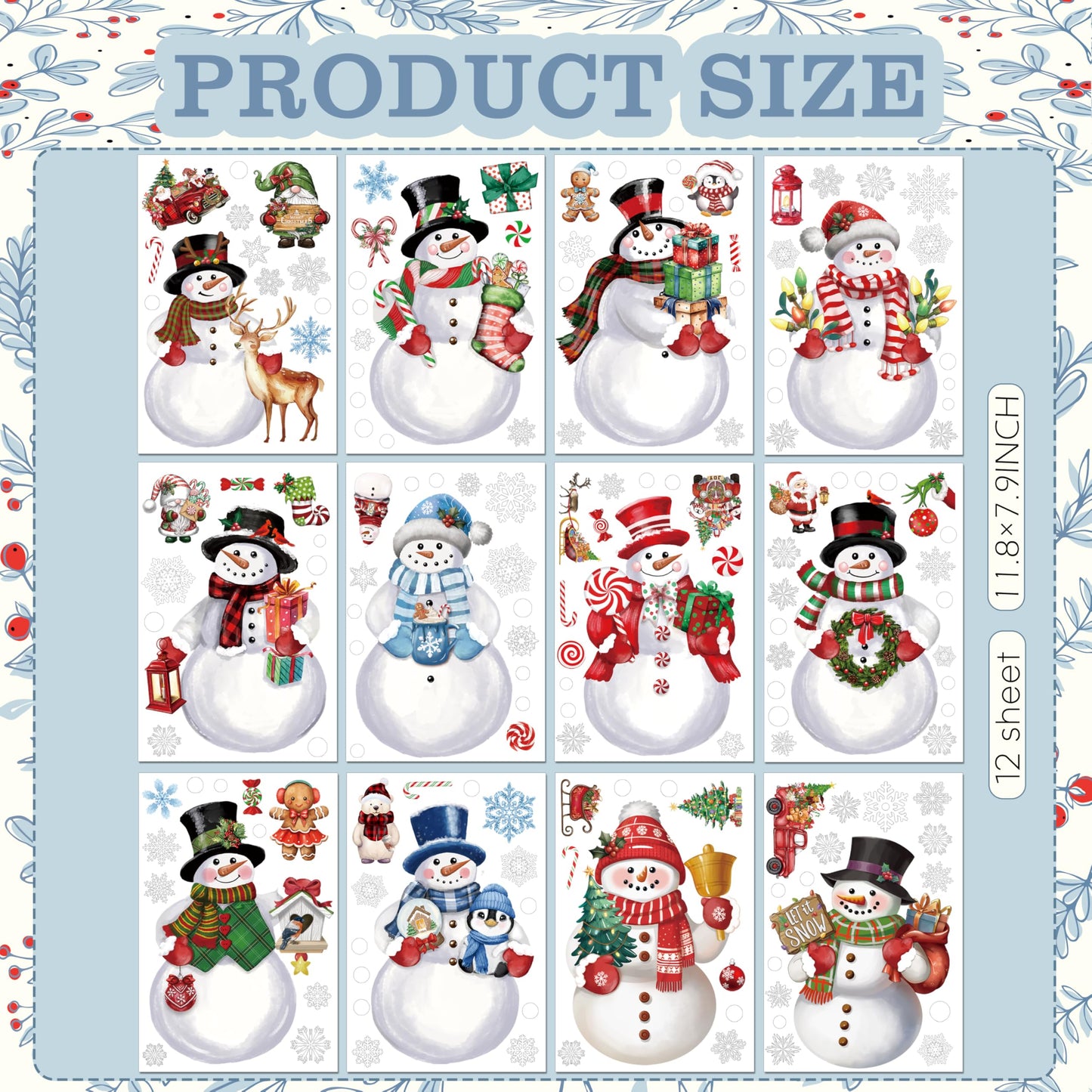 12 Sheets Christmas Snowman Wall Stickers Decorations, Xmas Wall Decals Holiday Snowman Snowflakes Floor Wall Vinyl Stickers for Living Room Bedroom Home Office Decor