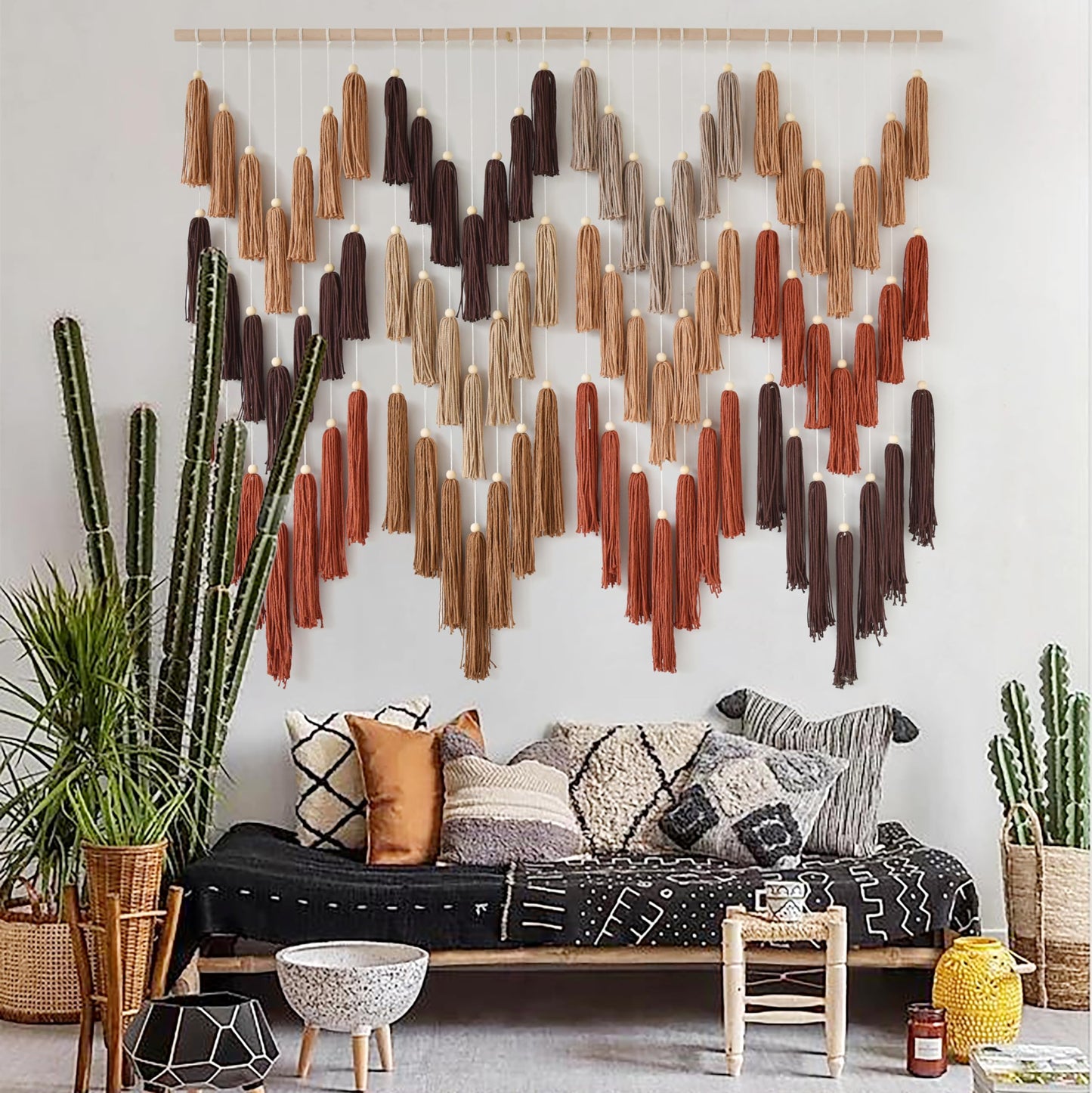 IOWER Macrame Wall Hanging Yarn Boho Wall Decor Wave Tassel Home Wall Aesthetic Living Rooms Bedrooms Offices Geometric Art Chic Home Decor 47" W x 39" L