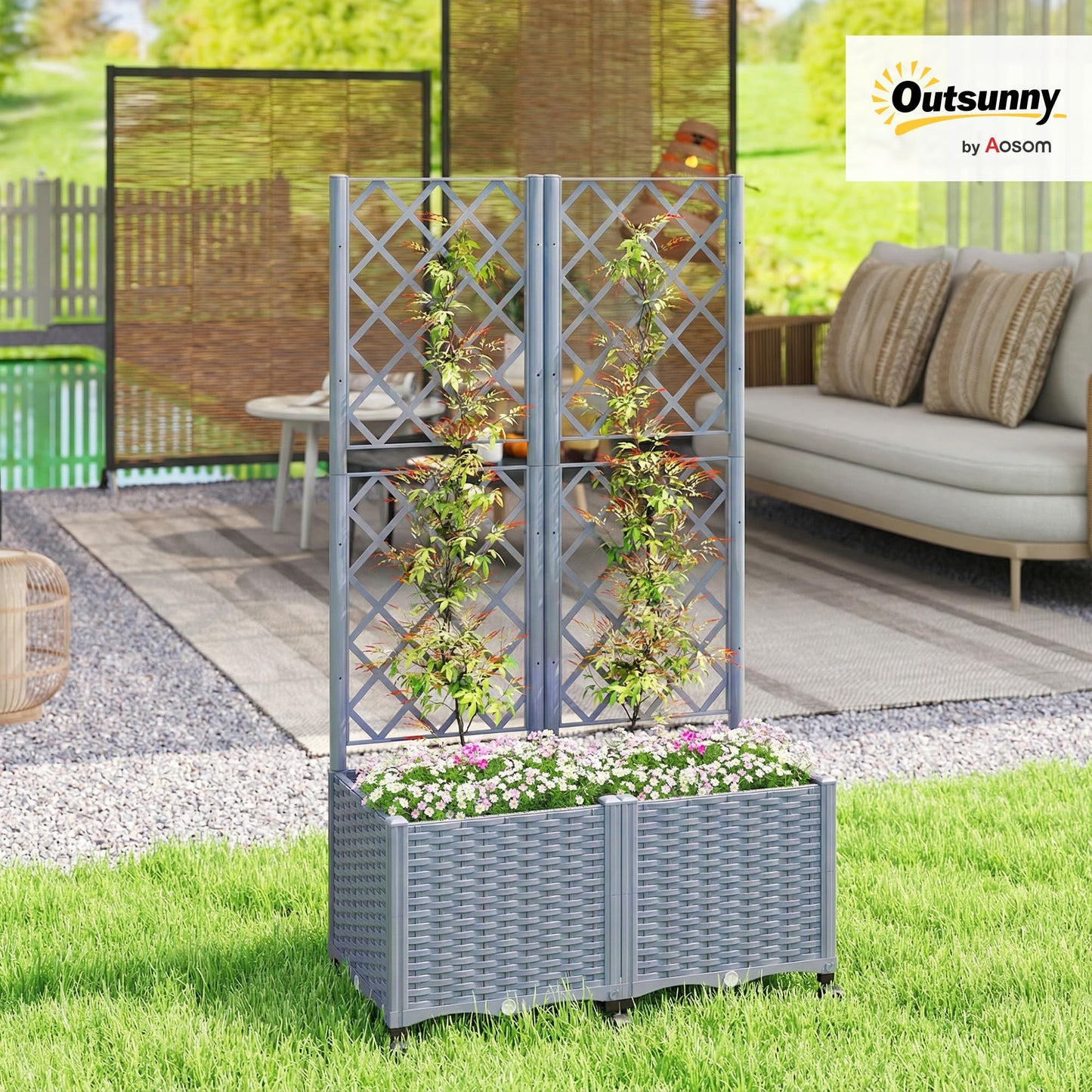 Outsunny Planter Box with Trellis, Self Watering Raised Garden Bed with Lockable Wheels, 56.3" Trellis Privacy Planter with Drainage Holes for Climbing Plants, Vines, Vegetables, Flowers, Gray