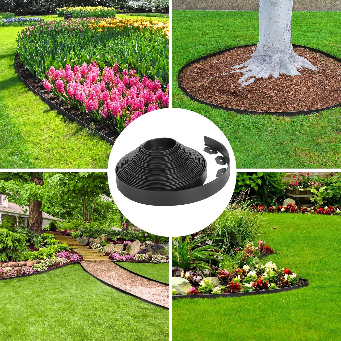 2-Inch x 66 FT Landscape Edging Border with 100 Spikes, No Dig Garden Border Edging Kit, Plastic Edging Border Flexible for Garden Flower Beds Lawn Yard Paver Pathway (Black)