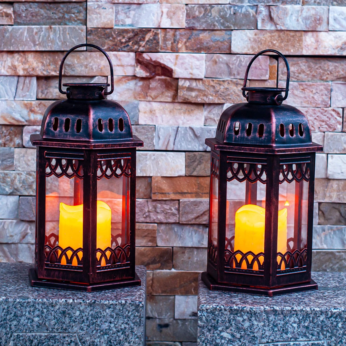 SteadyDoggie Solar Lanterns 2 Pack Bronze - Retro Ornate Hanging Lantern with Handle, Outdoor Lantern with Flickering Candle LED, 6.60 x 6.60 x 10.60 in
