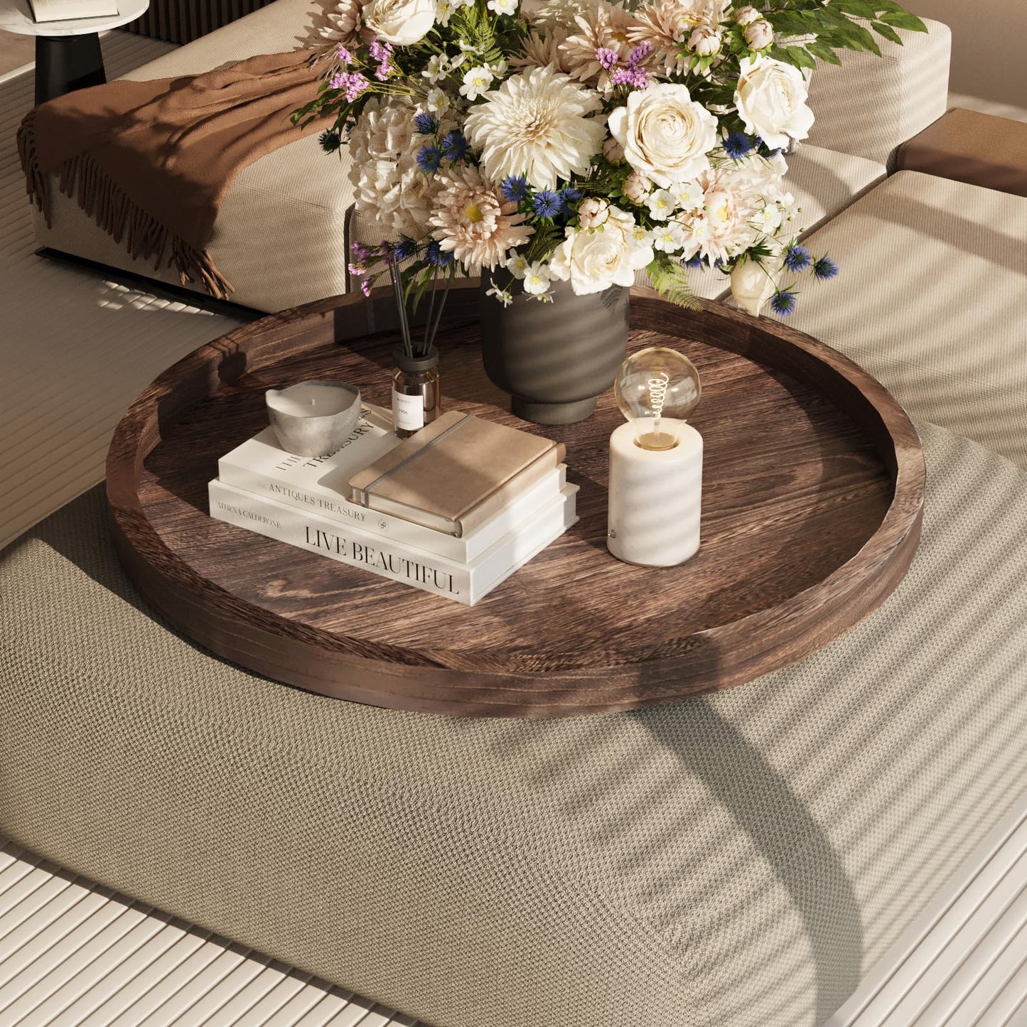 Round Ottoman Tray for Coffee Table Living Room Wood Serving Tray Large Wooden 20 Inches Rustic Brown