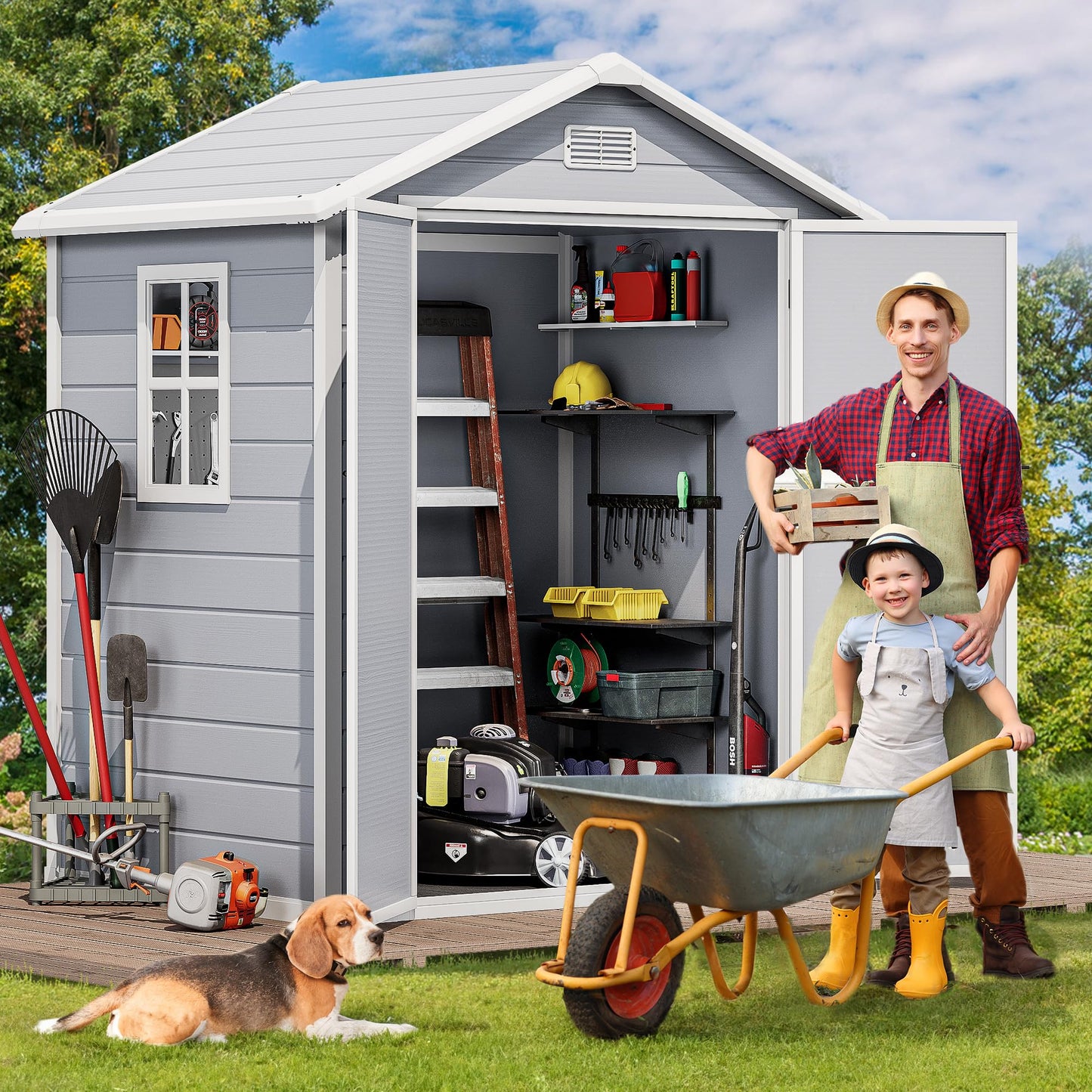 DWVO 6x4.4 FT Outdoor Resin Storage Shed with Reinforced Floor, All-Weather Bike Storage Shed with Lockable Door, Window and Vent, Waterproof Plastic Tool Storage for Garden, Backyard, Patio, Lawn