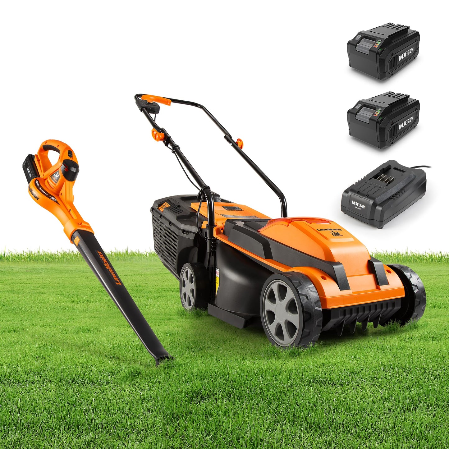 LawnMaster Cordless 24V Max 13-inch Lawn Mower and Cordless Leaf Blower Combo with 2x4.0Ah Batteries and Charger-24VMWBL