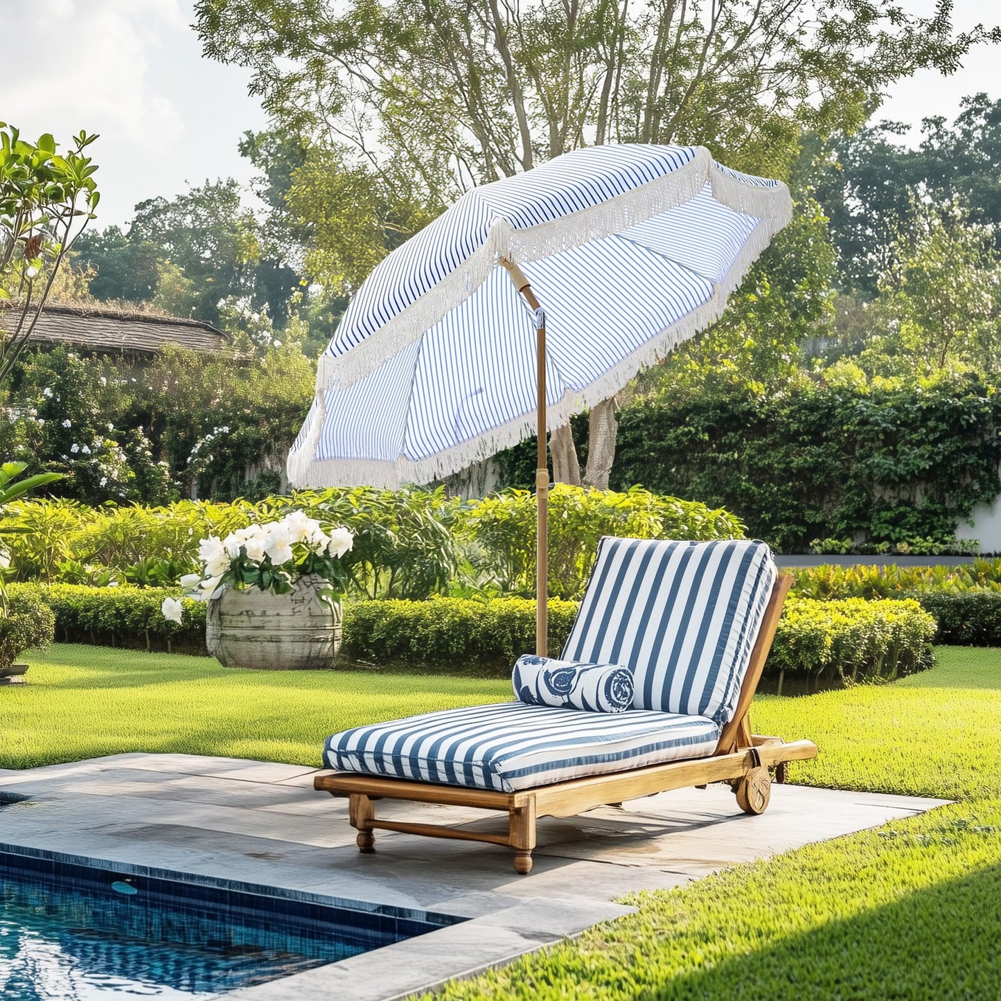 Kbrellaoutlets Patio Umbrella with UPF 50+ Protection, 8 Ribs, Push Button Tilt - Versatile Outdoor Shade for Garden, Courtyard, and Beach (Blue Pinstripe)