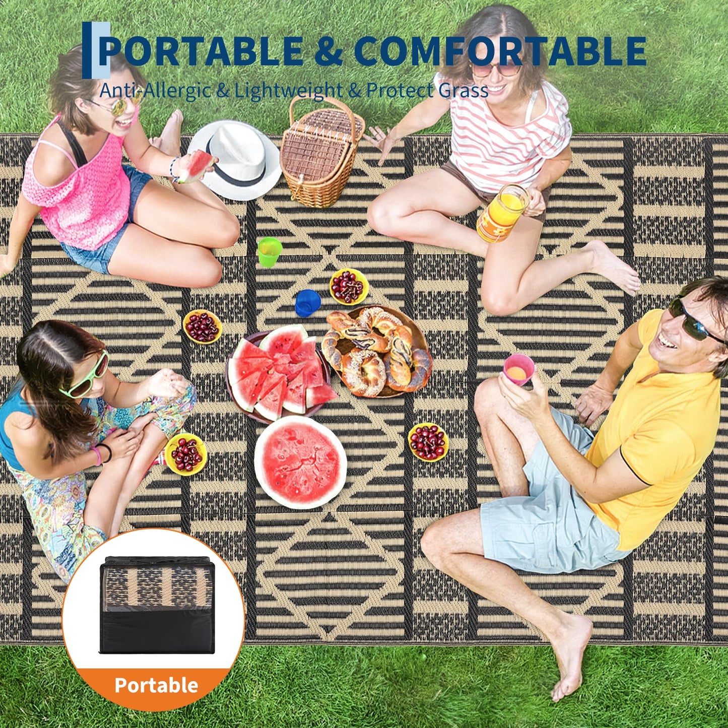 IDEALHOUSE 9x18 Ft Outdoor Rug 320GSM PP Woven Double Sided Same Pattern Waterproof Geometric Patio Mat for Backyard Deck Porch Camping Picnic Beach, Black Coffee