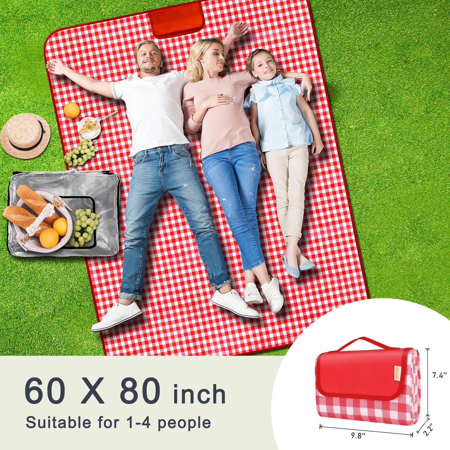 SAMSIER Outdoor Picnic Blankets Waterproof Foldable Sandproof, Large Gingham Cute Picnic Mat Washable Portable for Park Beach Camping Courtyard (Red, 60"×80")