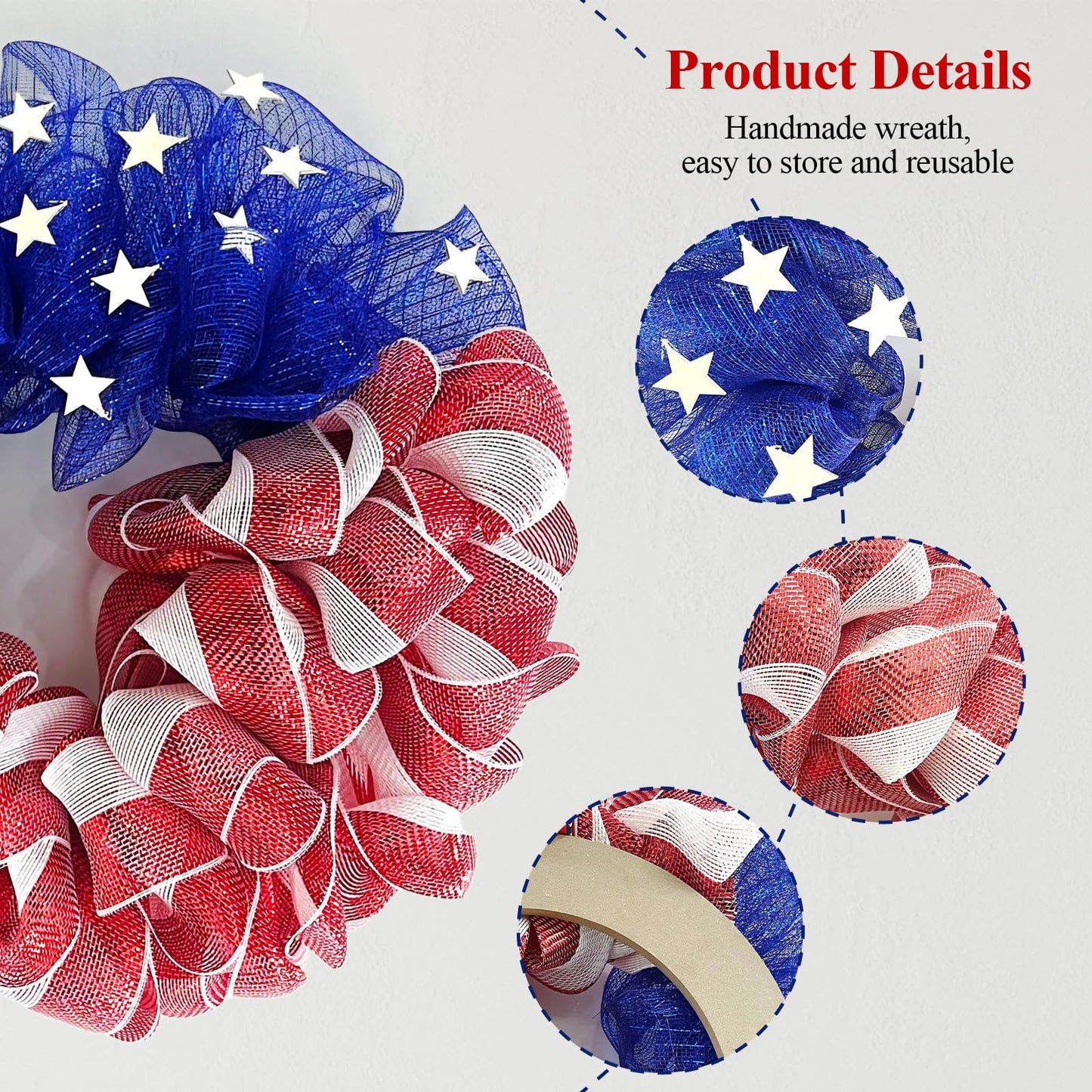 26 Inch Mesh Patriotic Front Door Wreath, 4th July Independence Day Wreath for Summer America Patriotic Flag Burlap Farmhouse Decor, Memorial Day Americana Front Window Hanging Decor