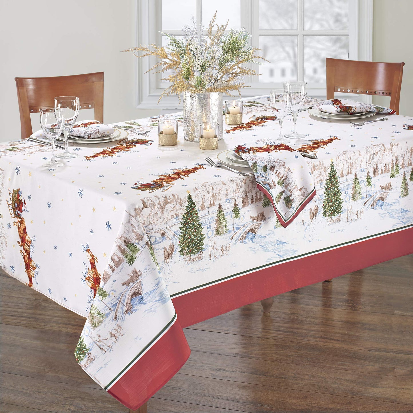 Elrene Home Fashions Santa Snowy Sleighride Wrinkle Resistant Holiday/Christmas Tablecloth, 60"X120", Rectangle