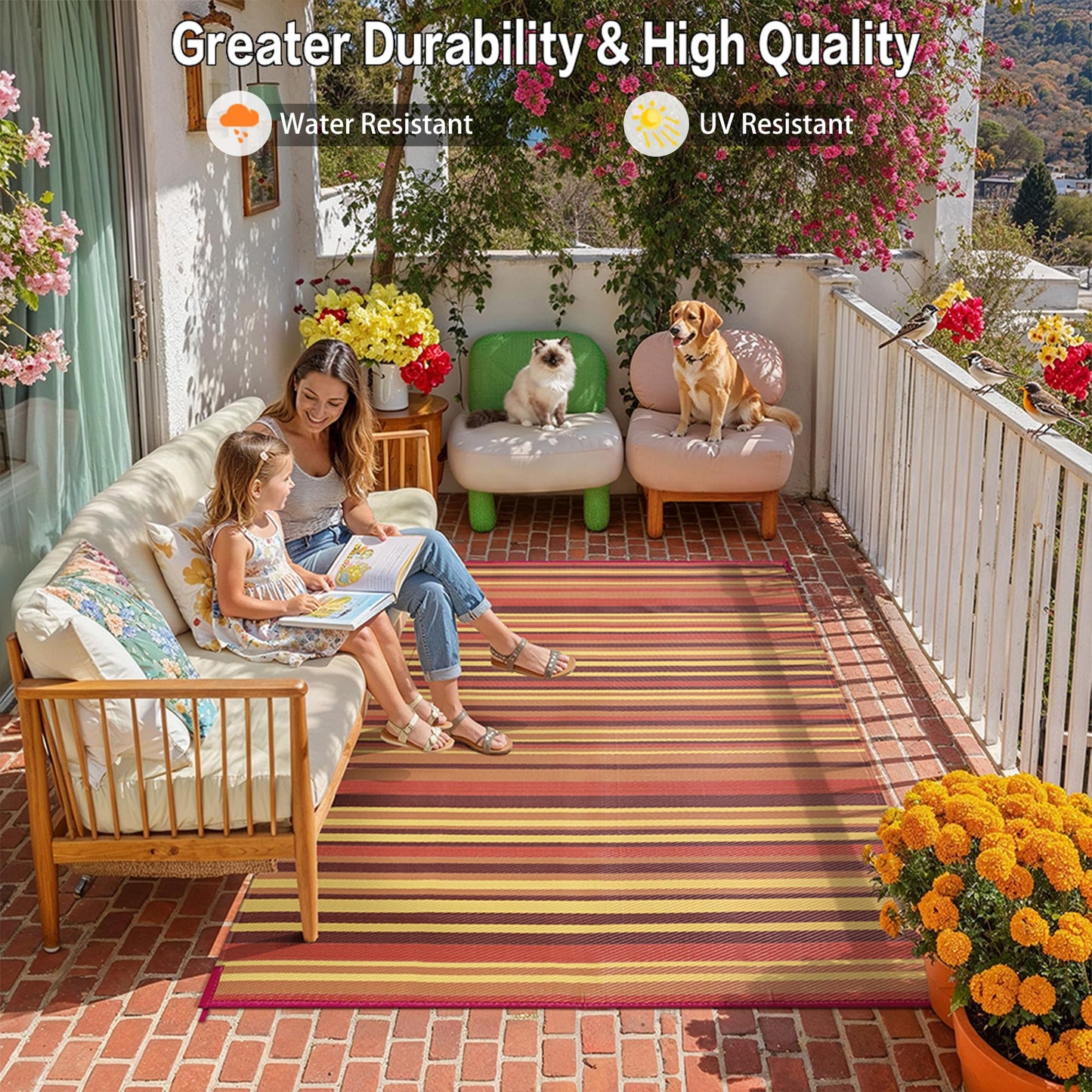 WondRg Outdoor Plastic Straw Rug Waterproof Patio 8x10 Red Orange Stripe Mat for Porch Camping RV Balcony Deck Courtyard Reversible Lightweight Durable Portable Carpet