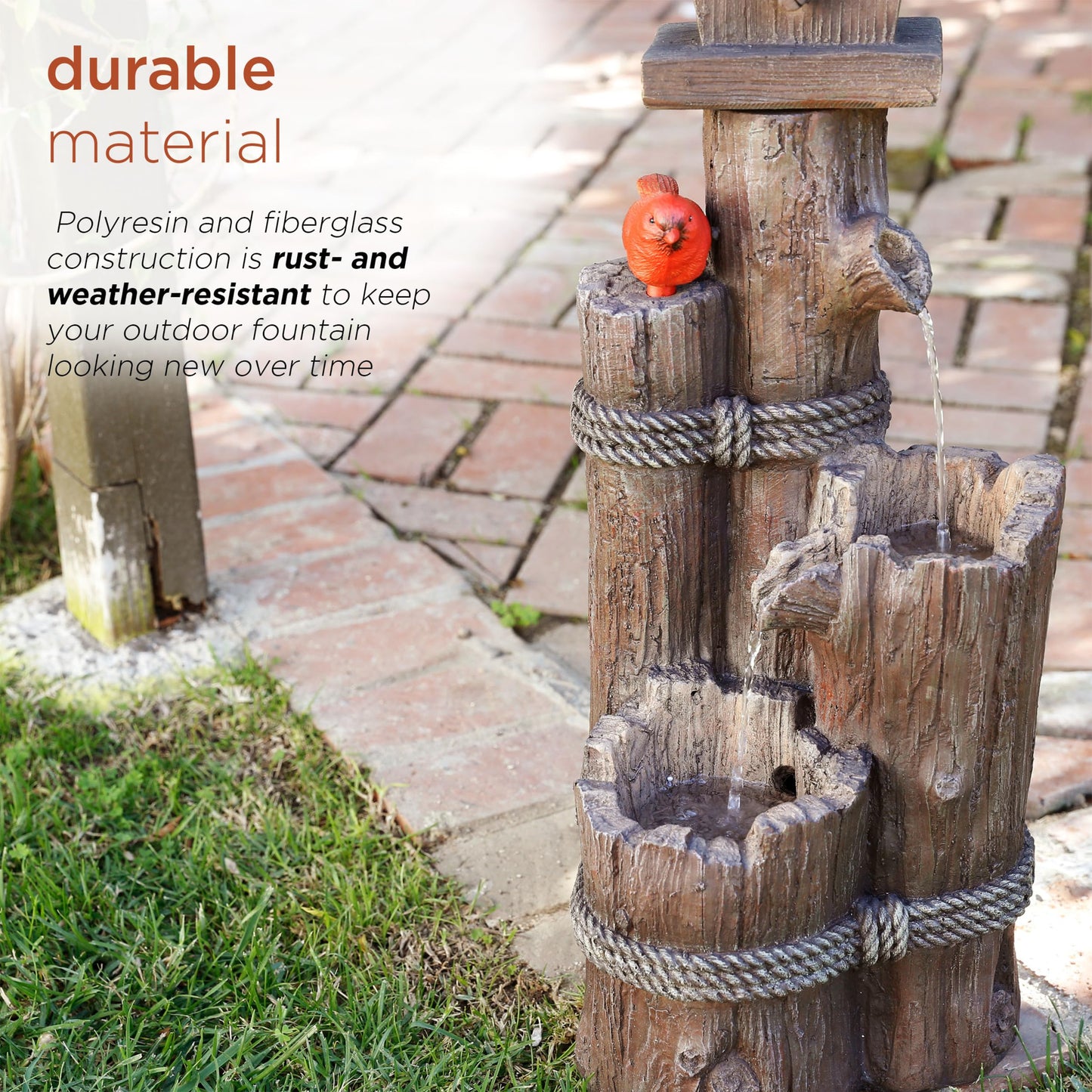 Alpine Corporation 35" Tall Outdoor 3-Tier Birdhouse Water Fountain with Cardinal Accent, Rustic Floor Decor for Garden and Patio, Brown